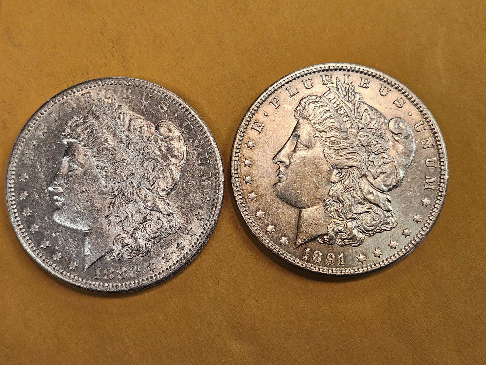 Two Brilliant About Uncirculated Plus Morgan silver Dollars (1 of 3)