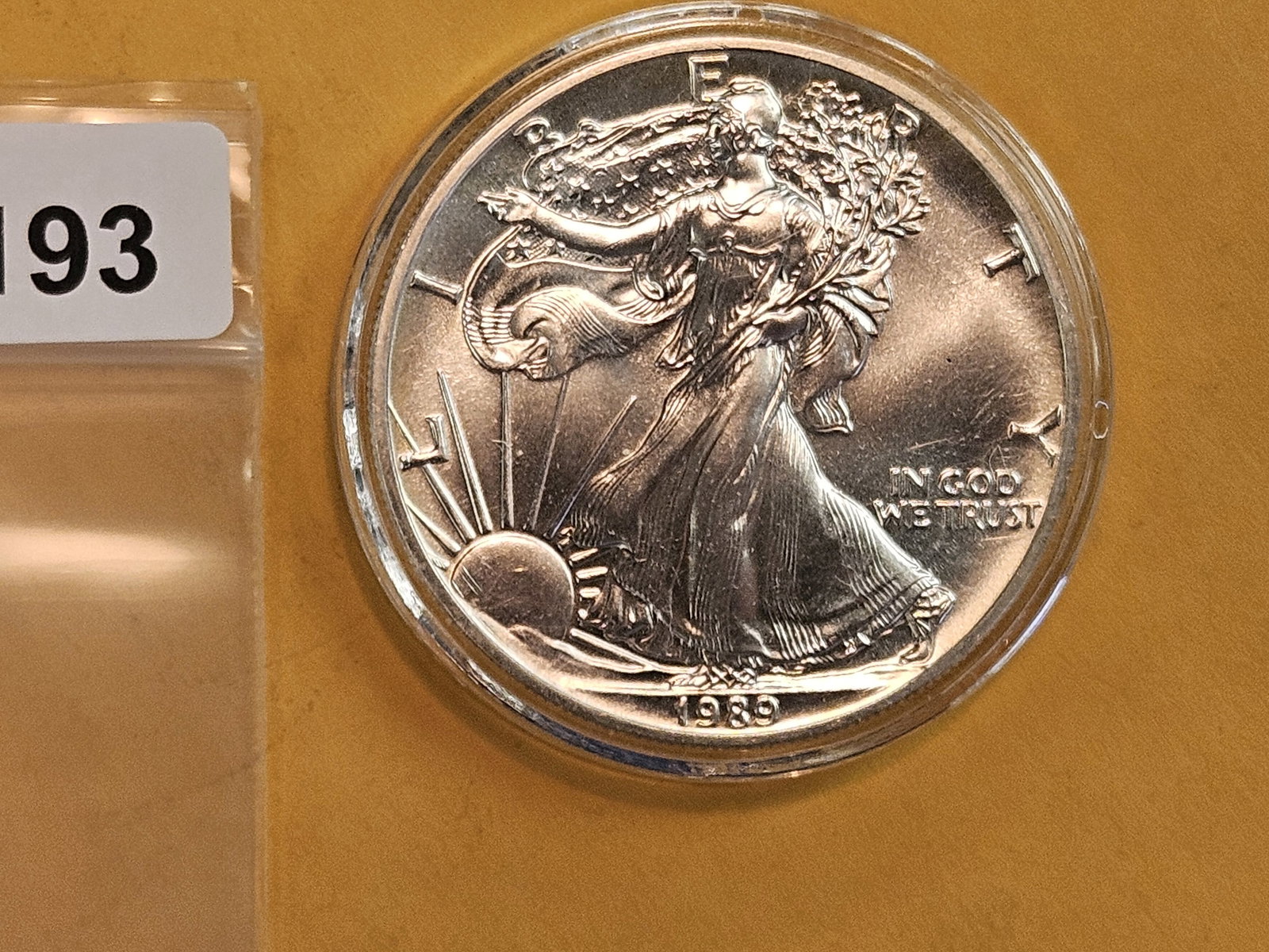 GEM Brilliant Uncirculated 1989 American Silver Eagle: In original plastic capsule