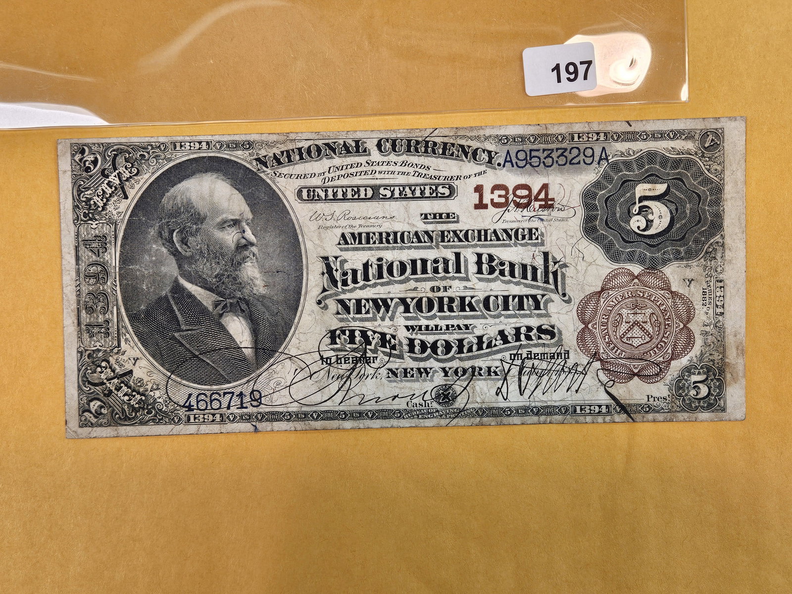 ** HIGHLIGHT ** Series of 1882 Five Dollar Large Size National Currency in Very Fine plus!!: The American Exchange National Bank of New York City! Scarcer note. Wholesale value on this beauty is about $800! 