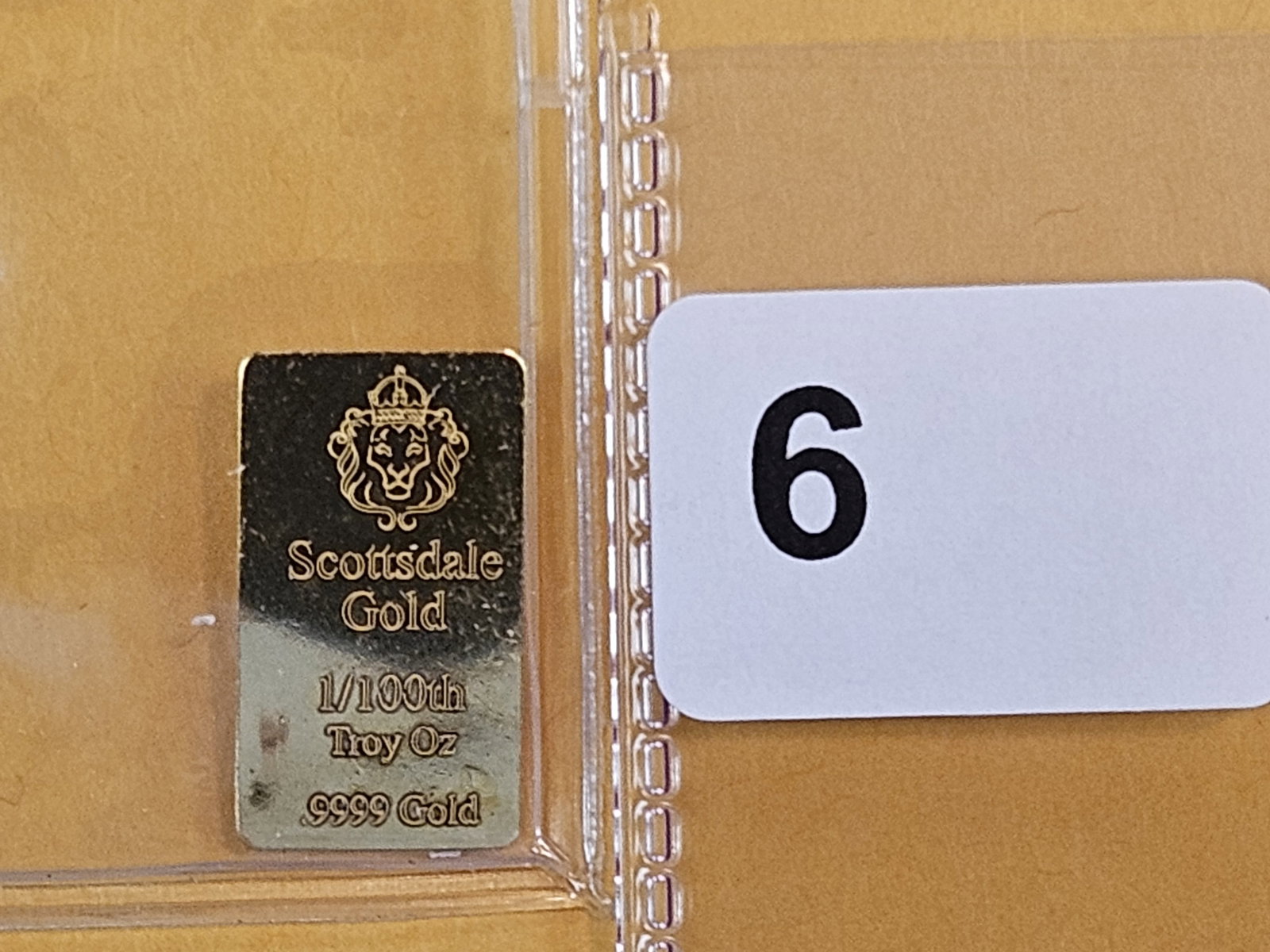 GOLD! Scottsdale Mint .999 fine Gold Bar: Weighs one-one hundreth troy ounce