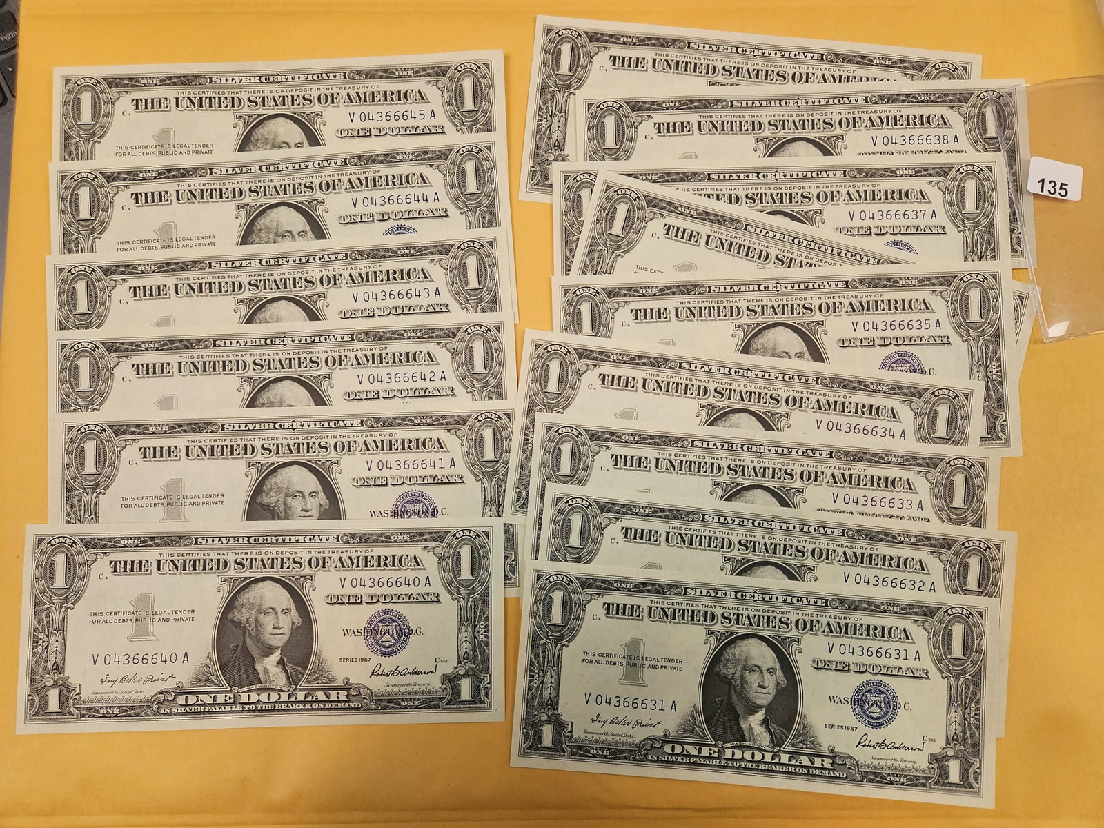 * Consecutive * Fifteen Crisp Uncirculated One Dollar Silver Certificates: Series 1957. Sequential