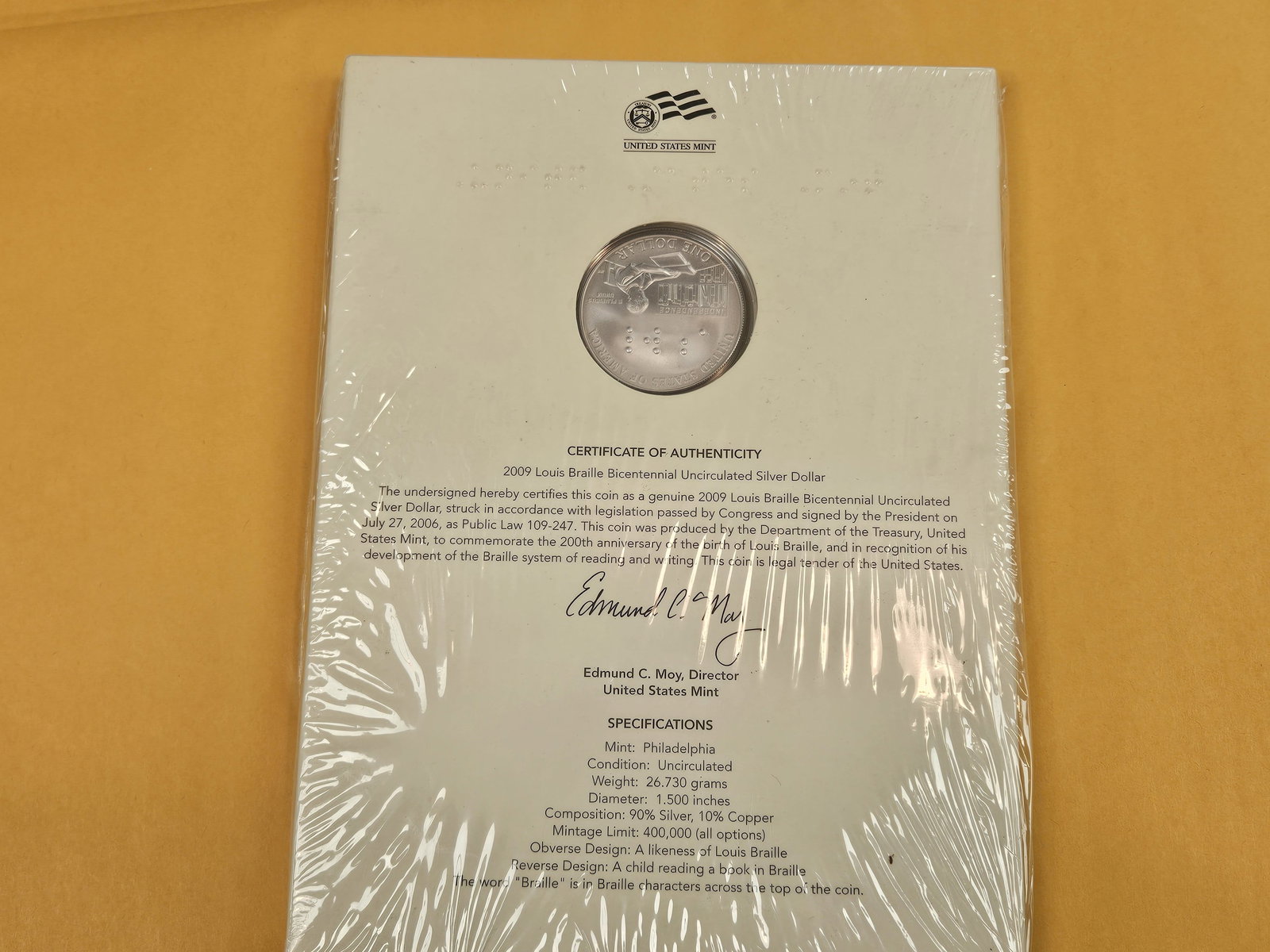 GEM 2009 Braille Centennial Uncirculated Silver Dollar - 2
