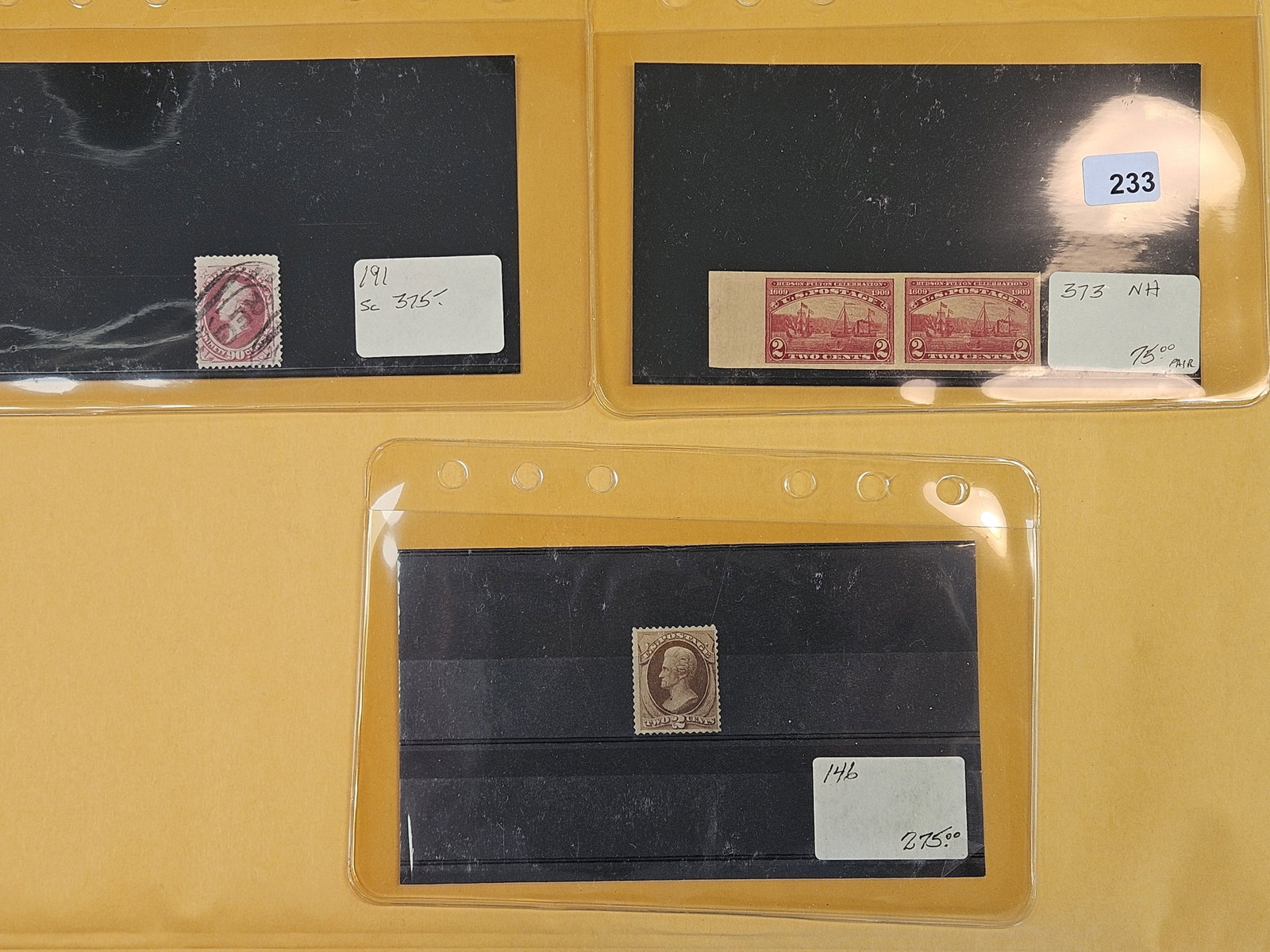 BETTER PHILATELICS!: Three Better Stamps: Scott Numbers: 191, 373 NH and 146. Catalog Value: $725. These all came from Joe Kremel's Collection. He owned Kremel's Korner and was a top Stamp Dealer in Chicago.