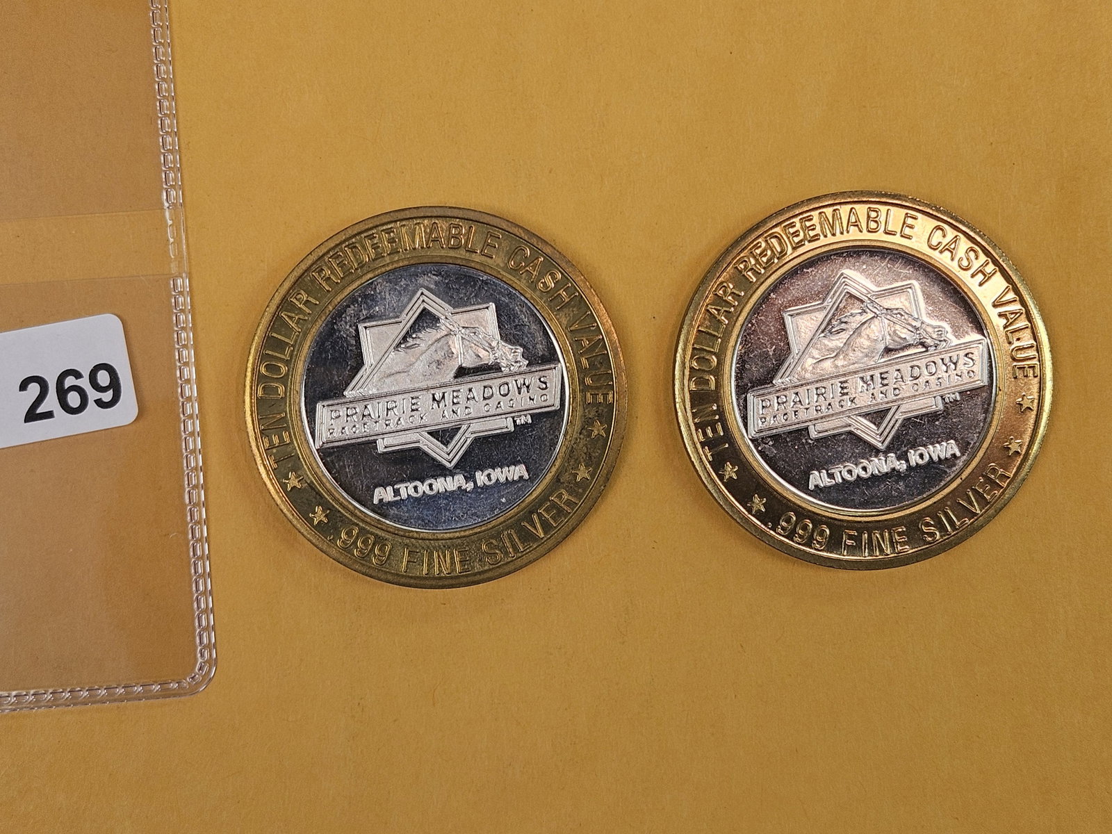 Two Gem Ten Dollar .999 Fine Silver Center Casino Tokens - 2