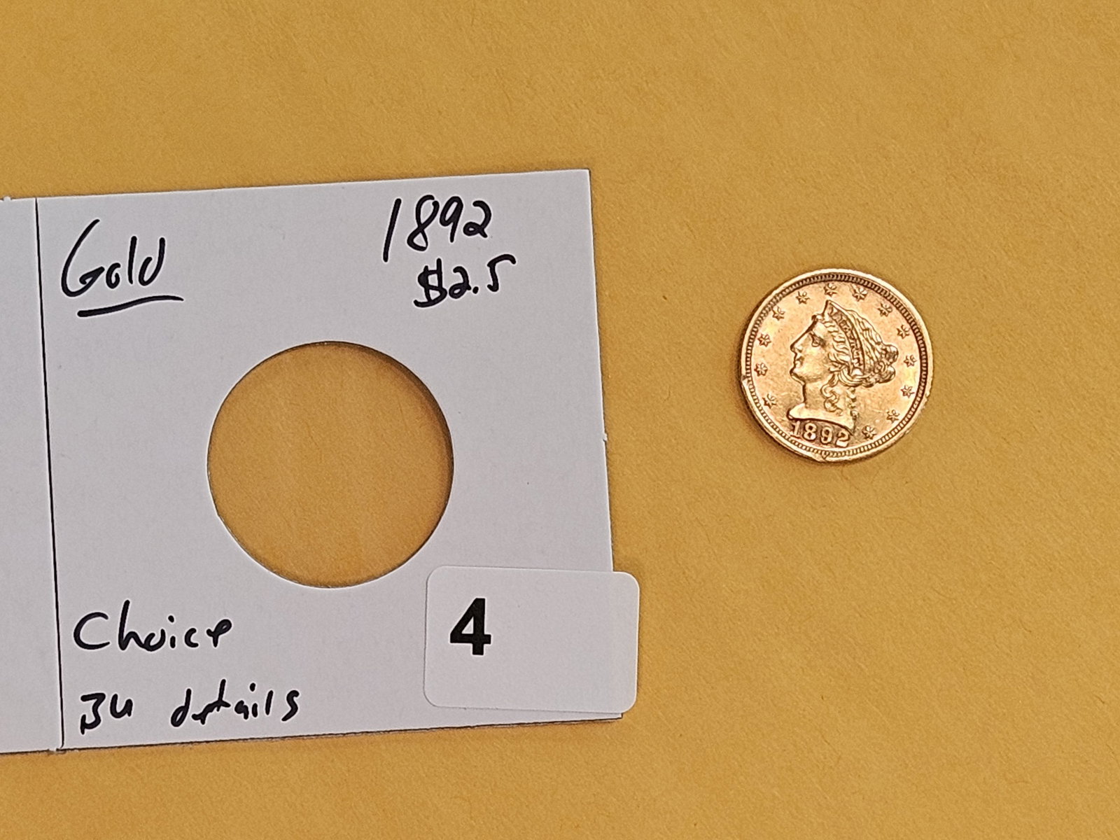 GOLD! Choice Brilliant Uncirculated - details 1892 Gold Liberty Head $2.5 Dollars - 2