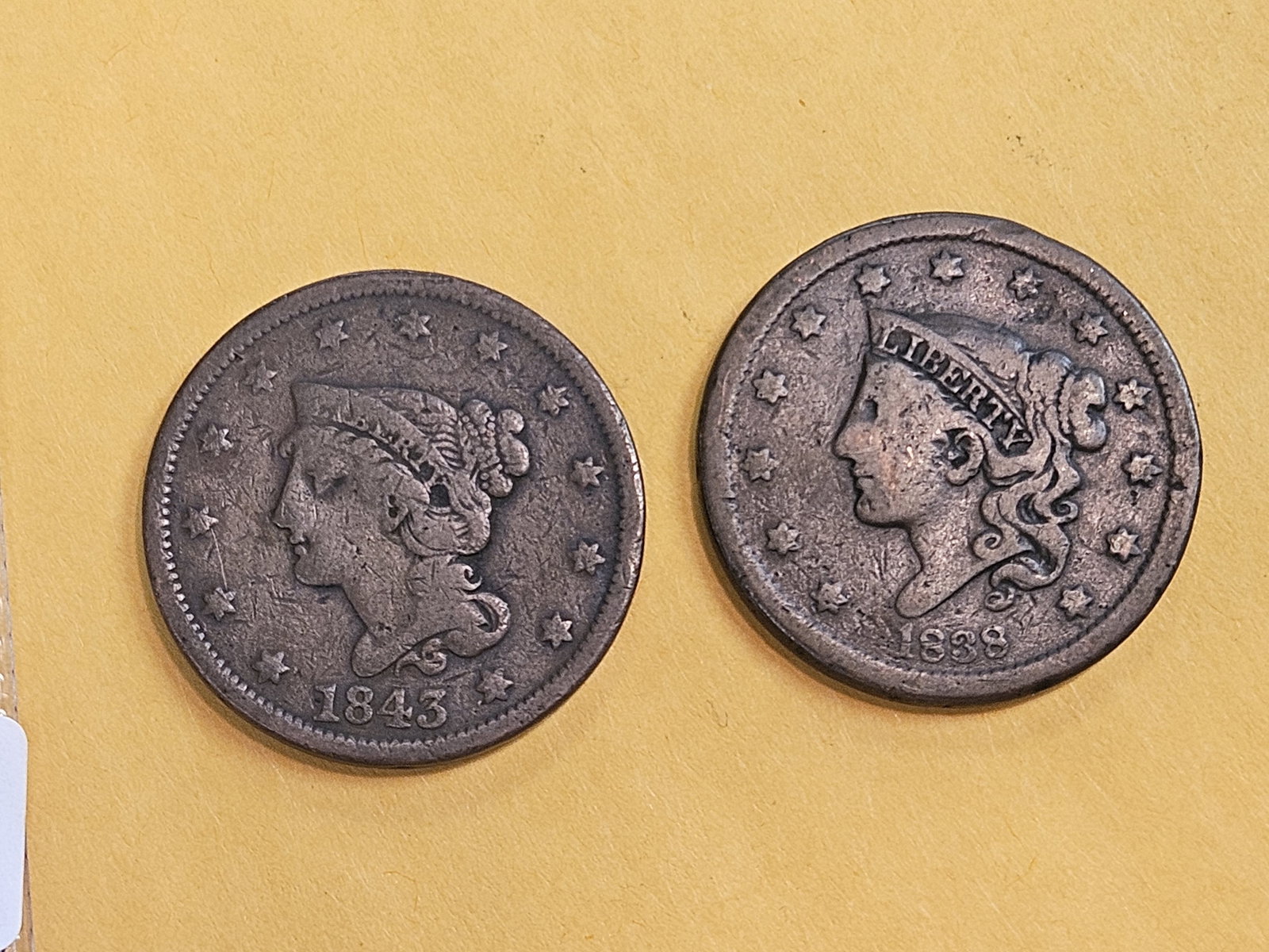 1838 and 1843 Braided Hair Large Cents: Both in Very Good