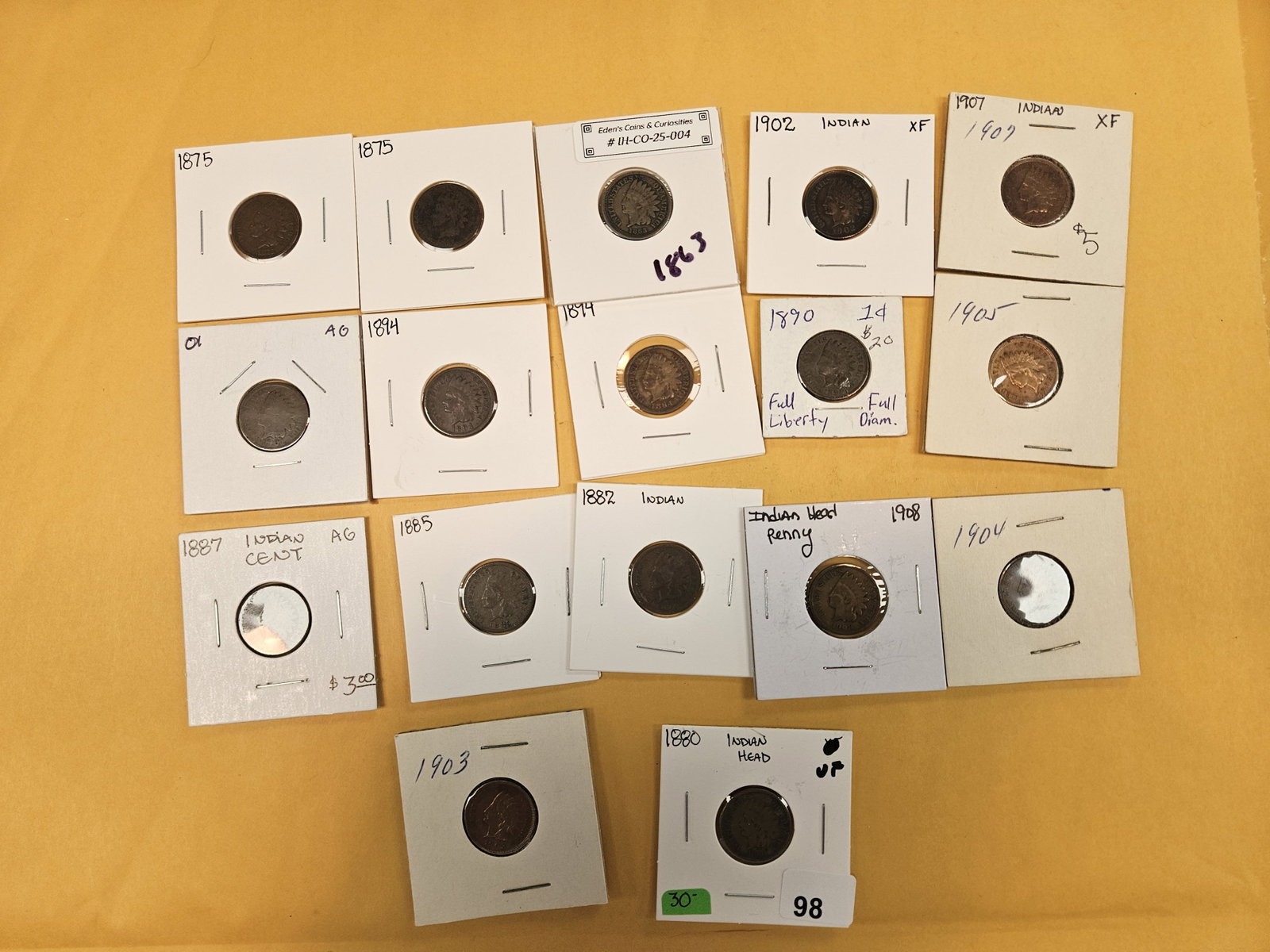 Seventeen mixed Indian Cents: Grades from Good through Very Fine plus