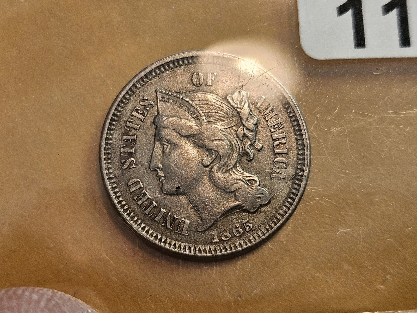1865 Three cent Nickel in About Uncirculated - 3