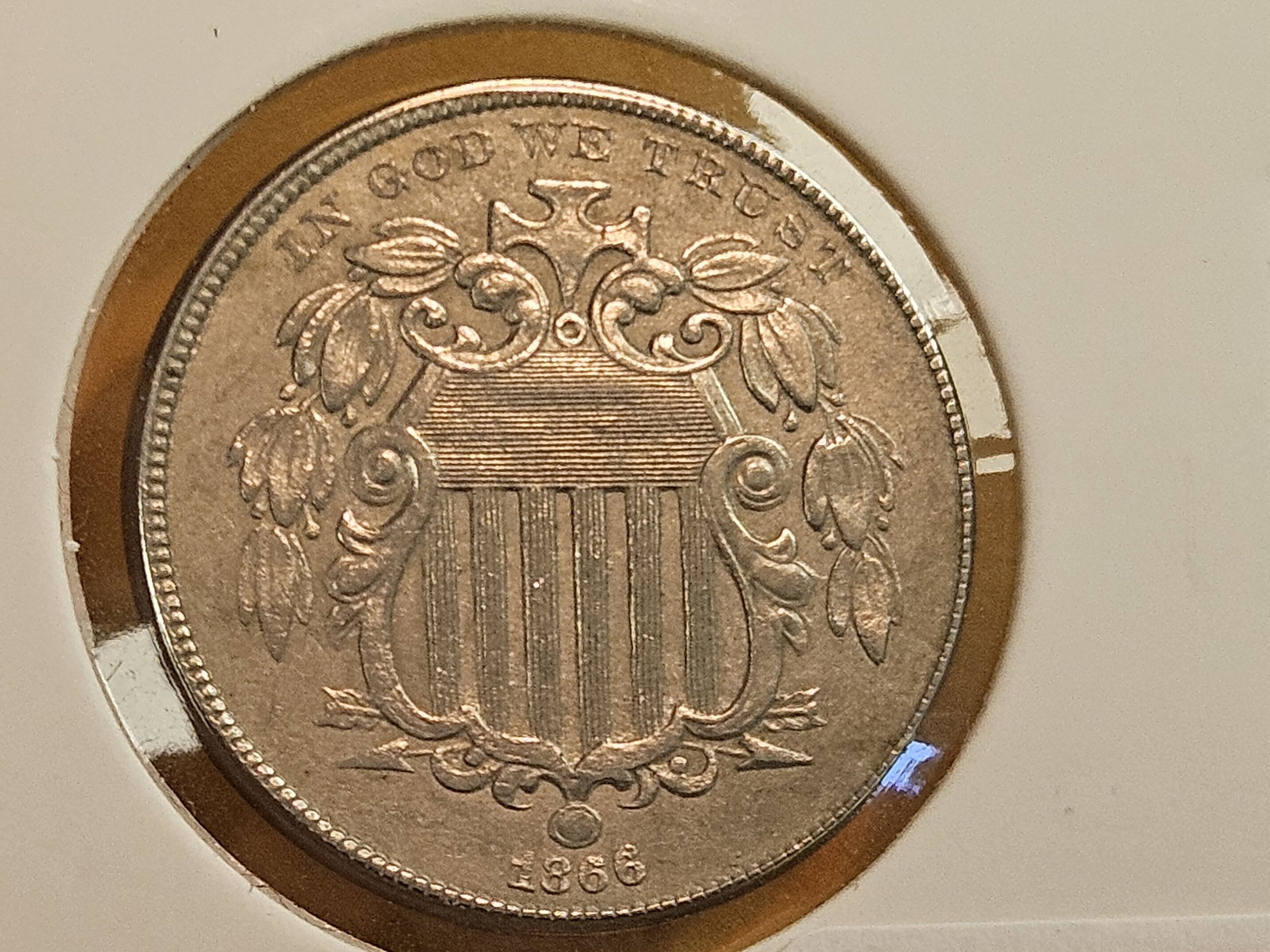 ** 1866 Shield Nickel With Rays in About Uncirculated plus! - 5