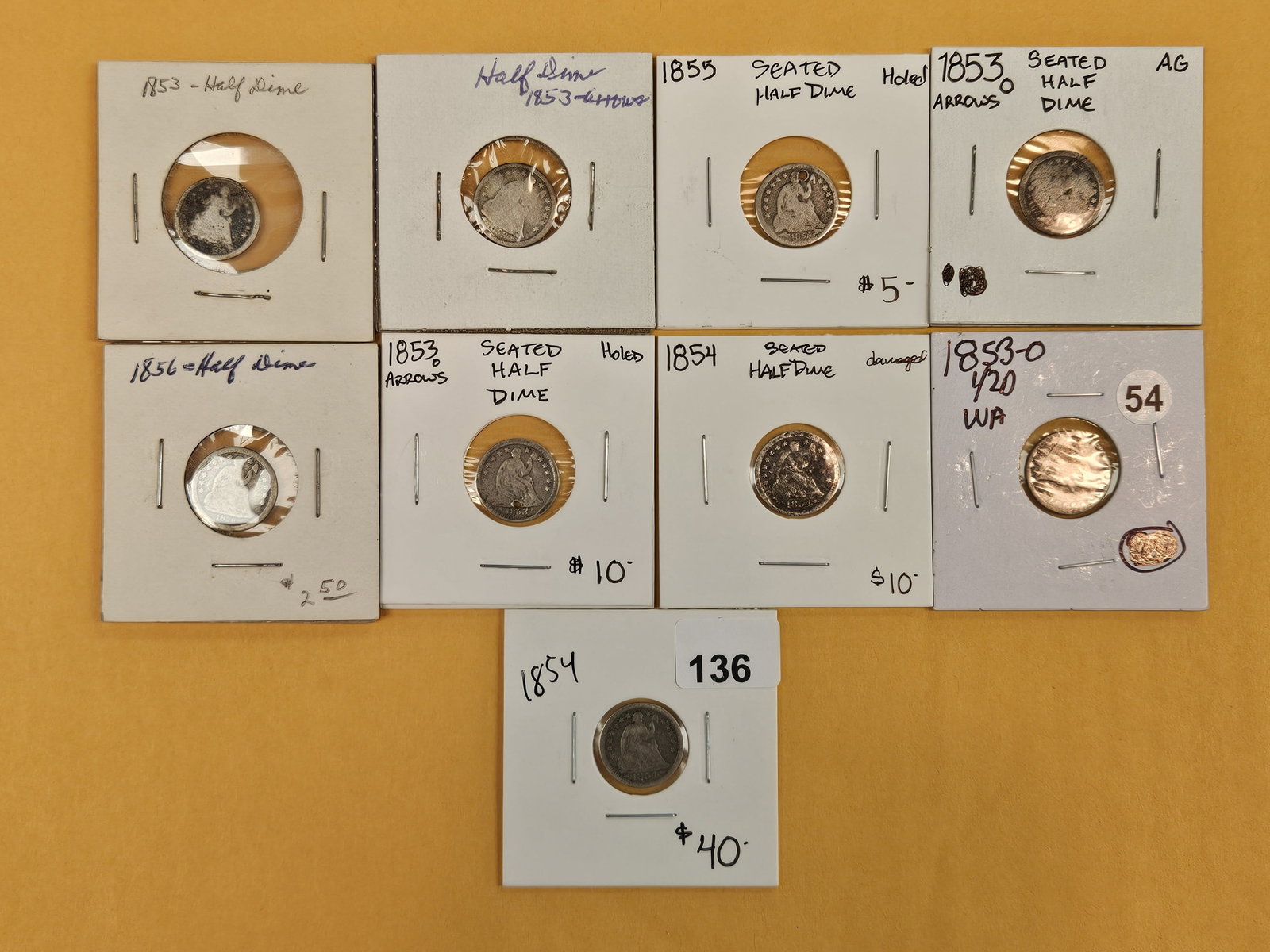 Nine Mixed Seated Liberty silver Half-Dimes: All circulated