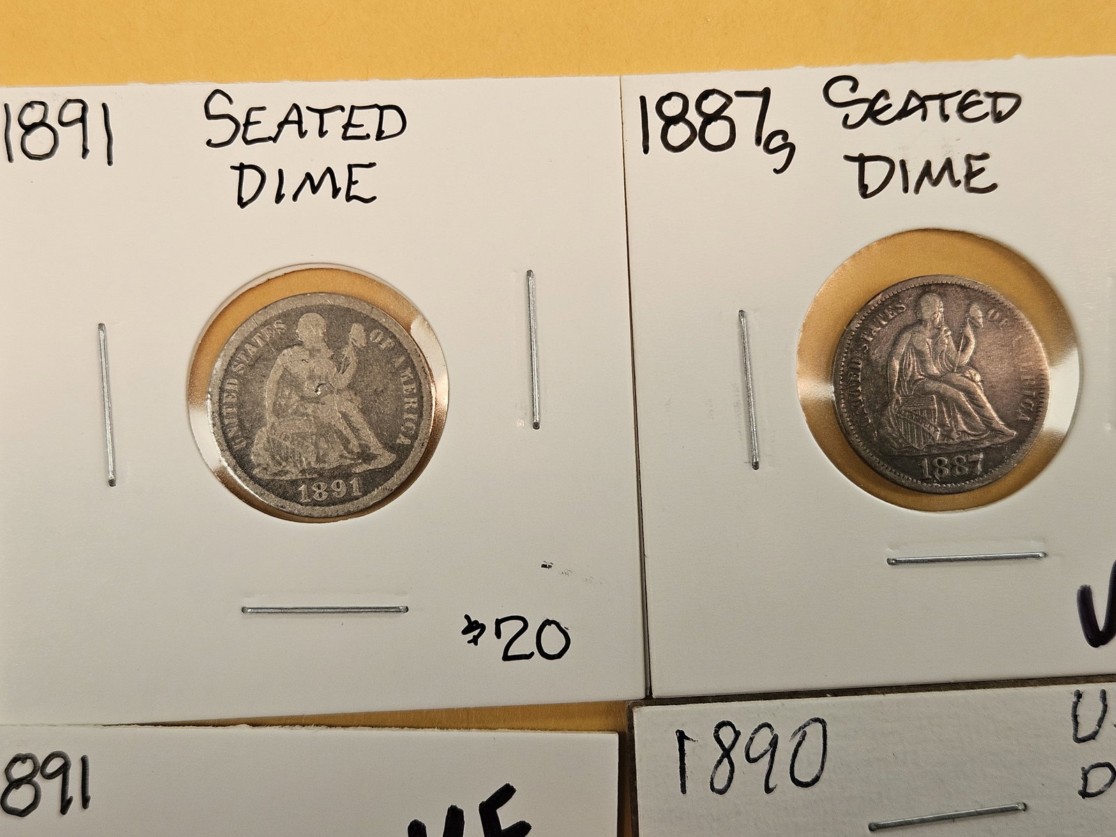 Six mixed, silver, Seated Liberty Dimes - 2