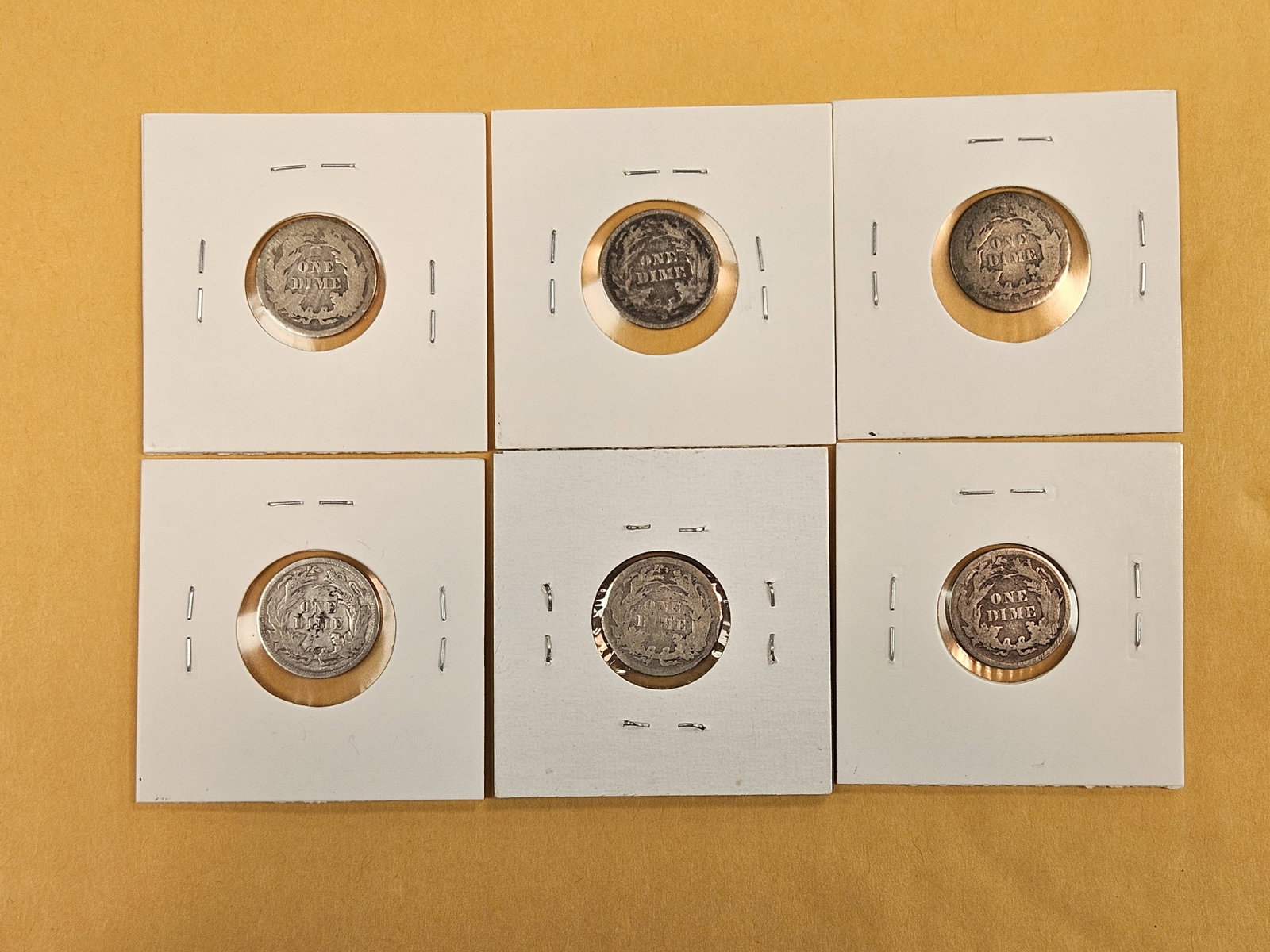 Six mixed, silver, Seated Liberty Dimes - 6