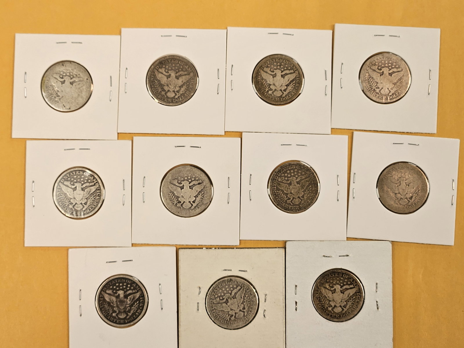 Eleven, mixed, silver Barber Quarters - 7