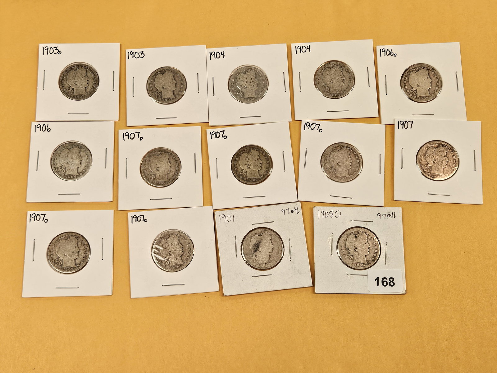 Fourteen, mixed, silver Barber Quarters - 2