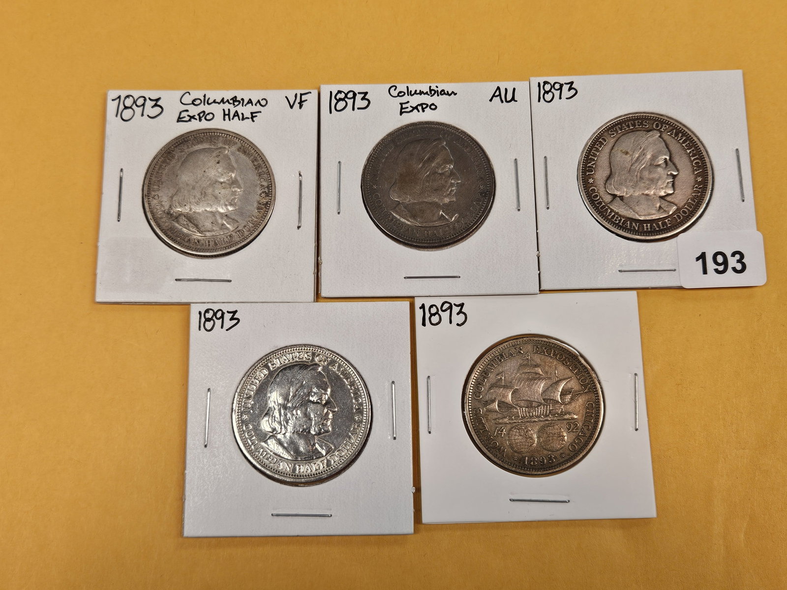 Five 1893 Columbian Commemorative Silver Half Dollars - 2
