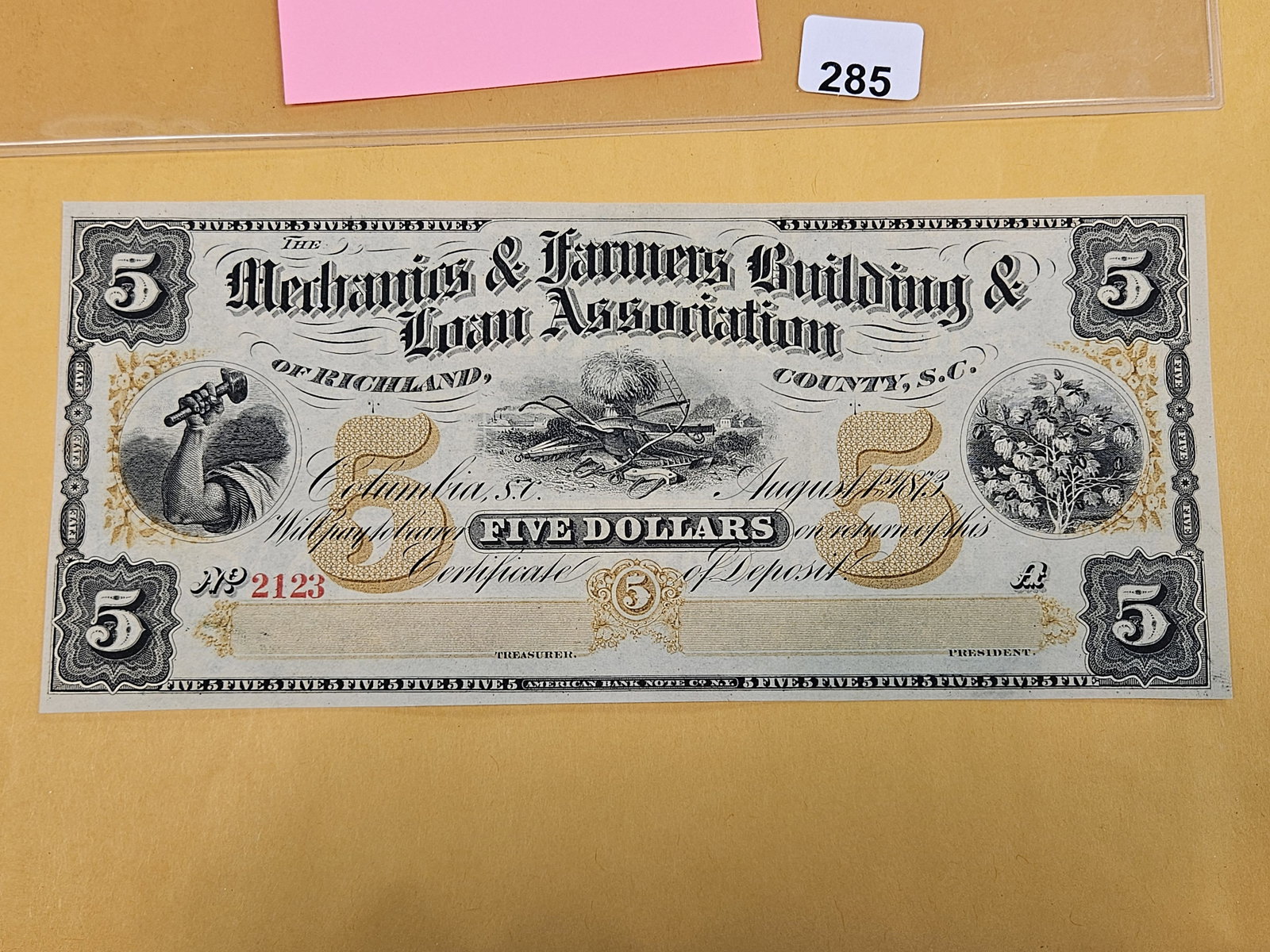 GEM Crisp Uncirculated 1873 Five Dollar Obsolete Note - 2