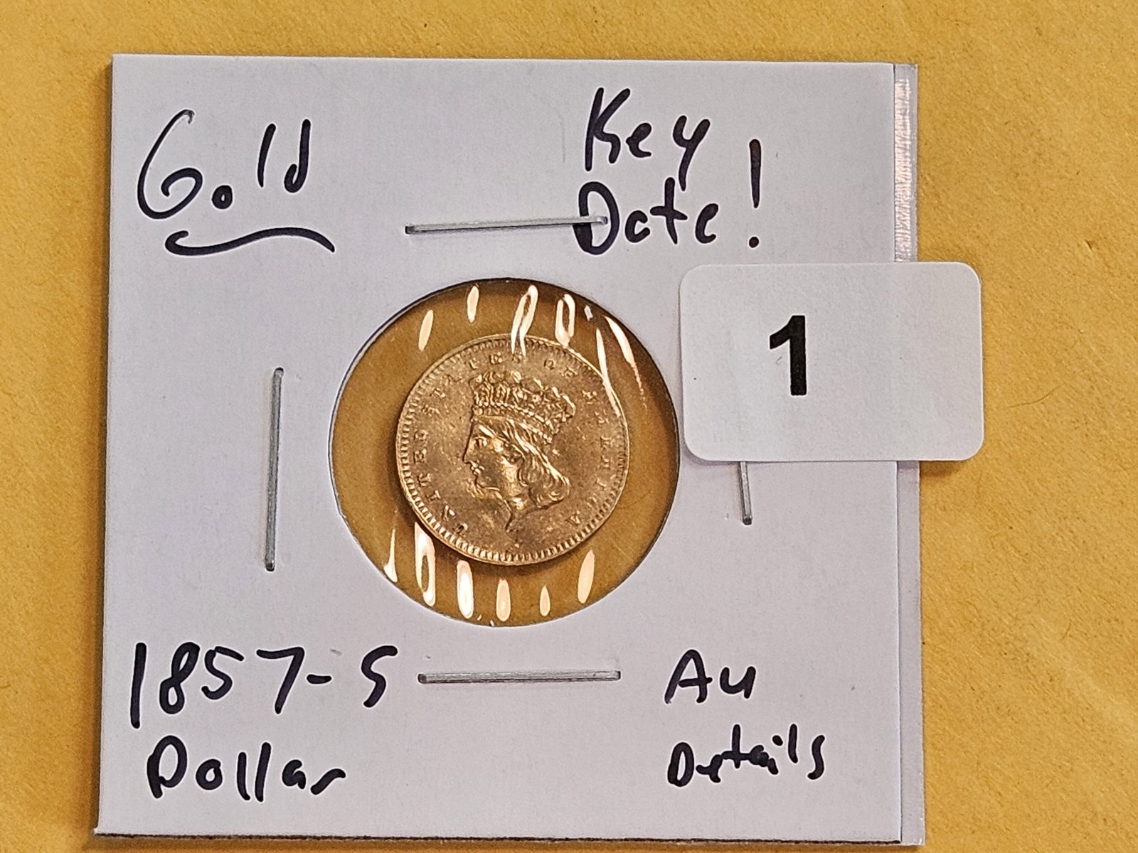 GOLD! ** KEY DATE ** 1857-S Type 3 Gold Dollar in Brilliant About Uncirculated - details! - 2