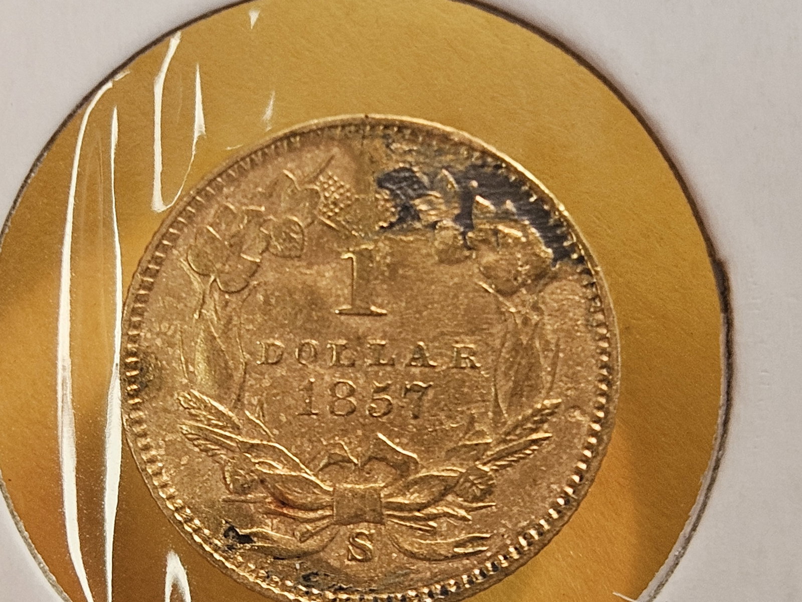 GOLD! ** KEY DATE ** 1857-S Type 3 Gold Dollar in Brilliant About Uncirculated - details! - 7