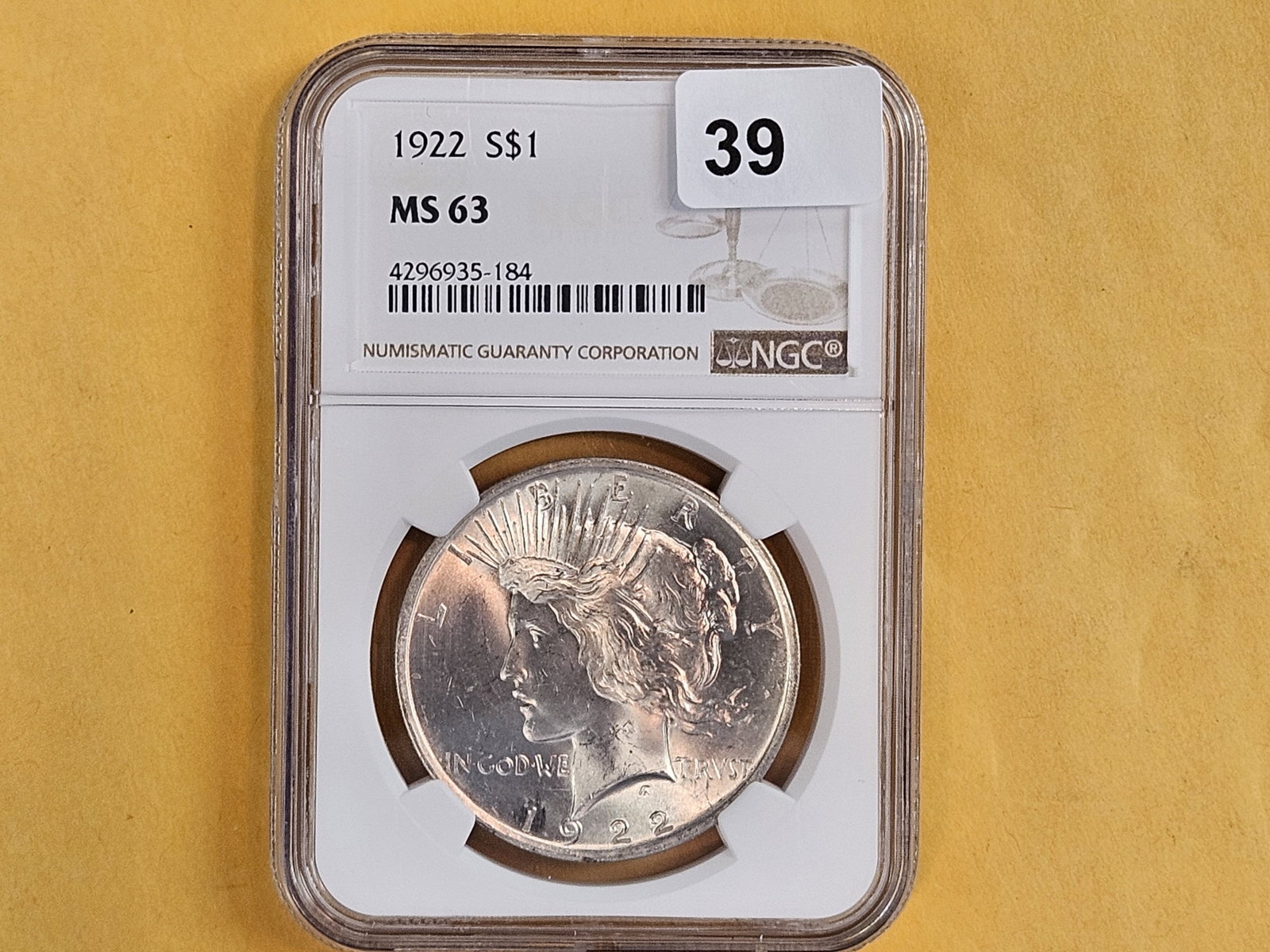 NGC 1922 Peace Silver Dollar in Mint State 63 - 2