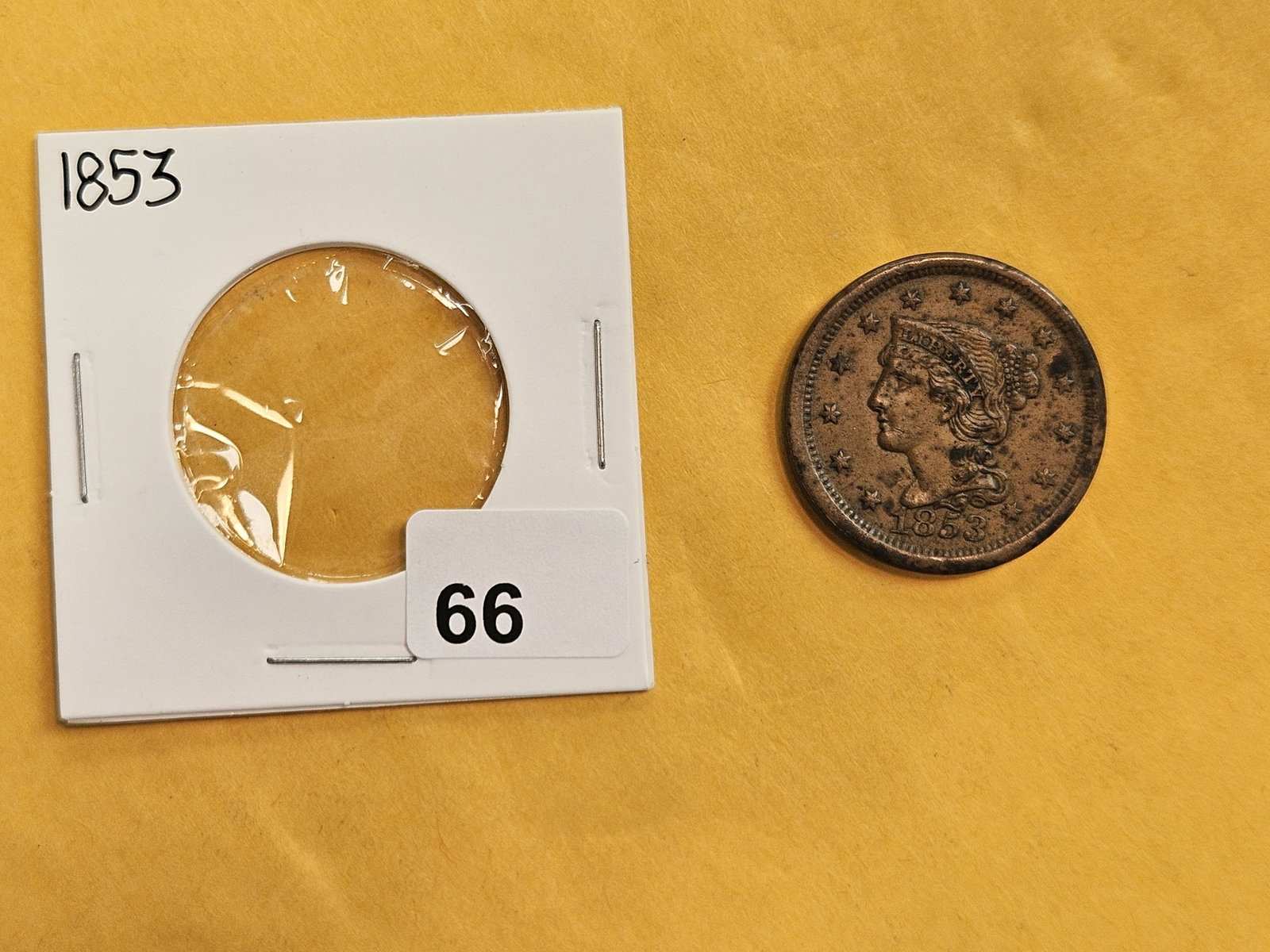 1853 Braided Hair Large Cent in About Uncirculated plus - details - 2