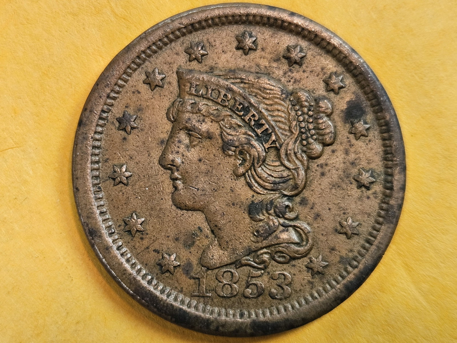 1853 Braided Hair Large Cent in About Uncirculated plus - details - 3