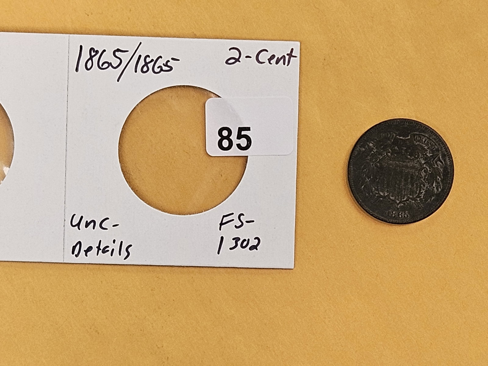 VARIETY! 1865/1865 Fancy 5 Two Cent piece in Uncirculated - details - 2