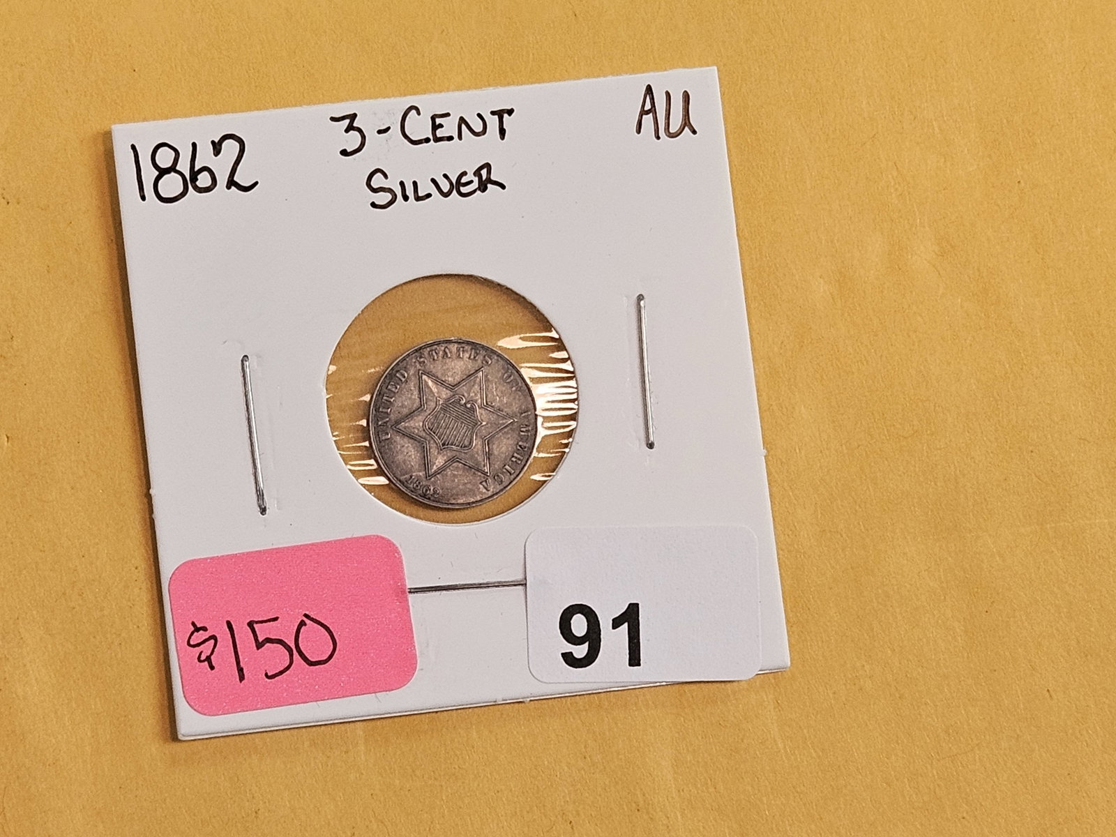 * 1862 Three Cent Silver Trime in About Uncirculated - 2