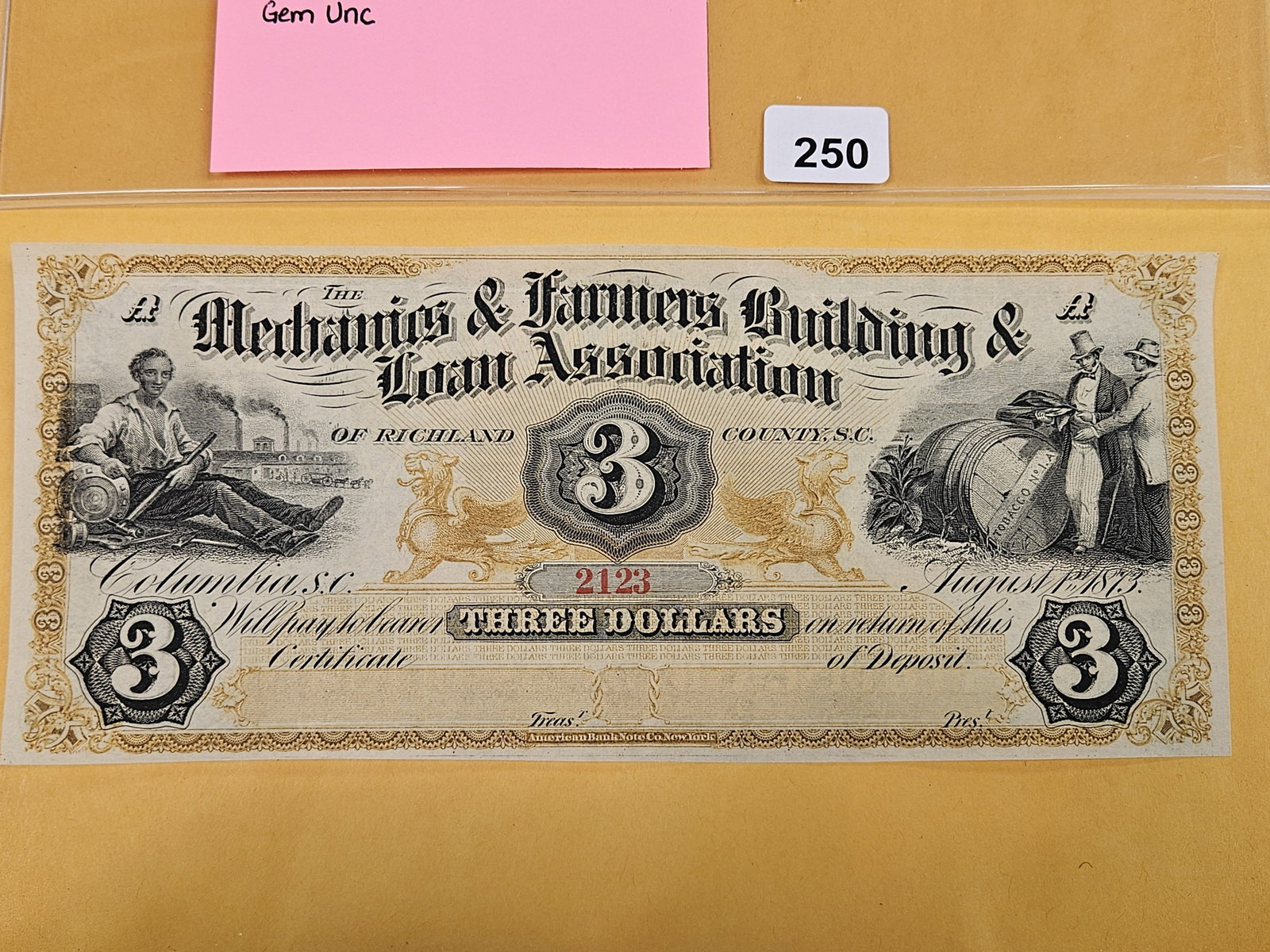 GEM Crisp Uncirculated 1873 Obsolete Three Dollar Note - 2