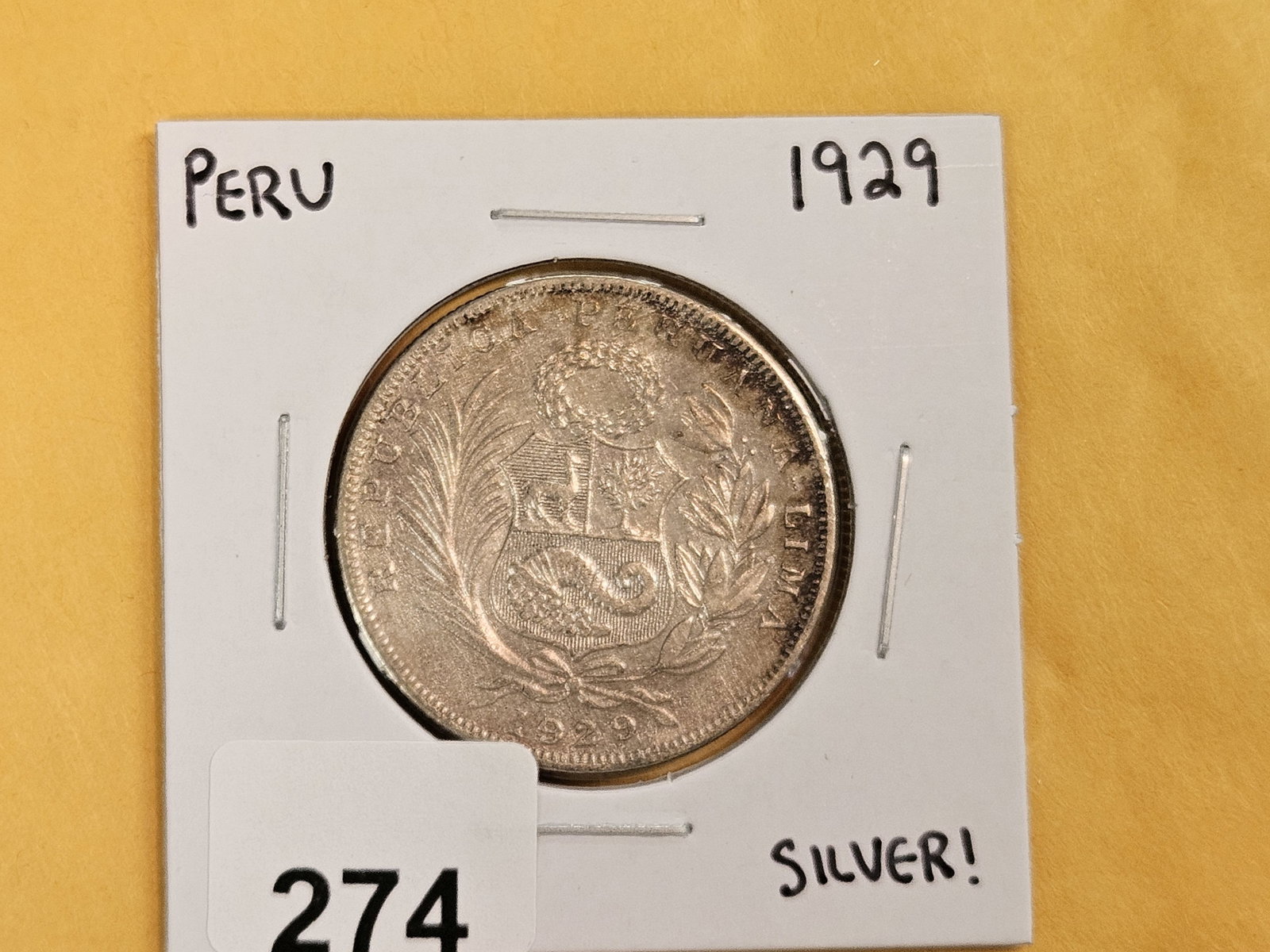 About Uncirculated 1929 Peru silver 1/2 sol - 2