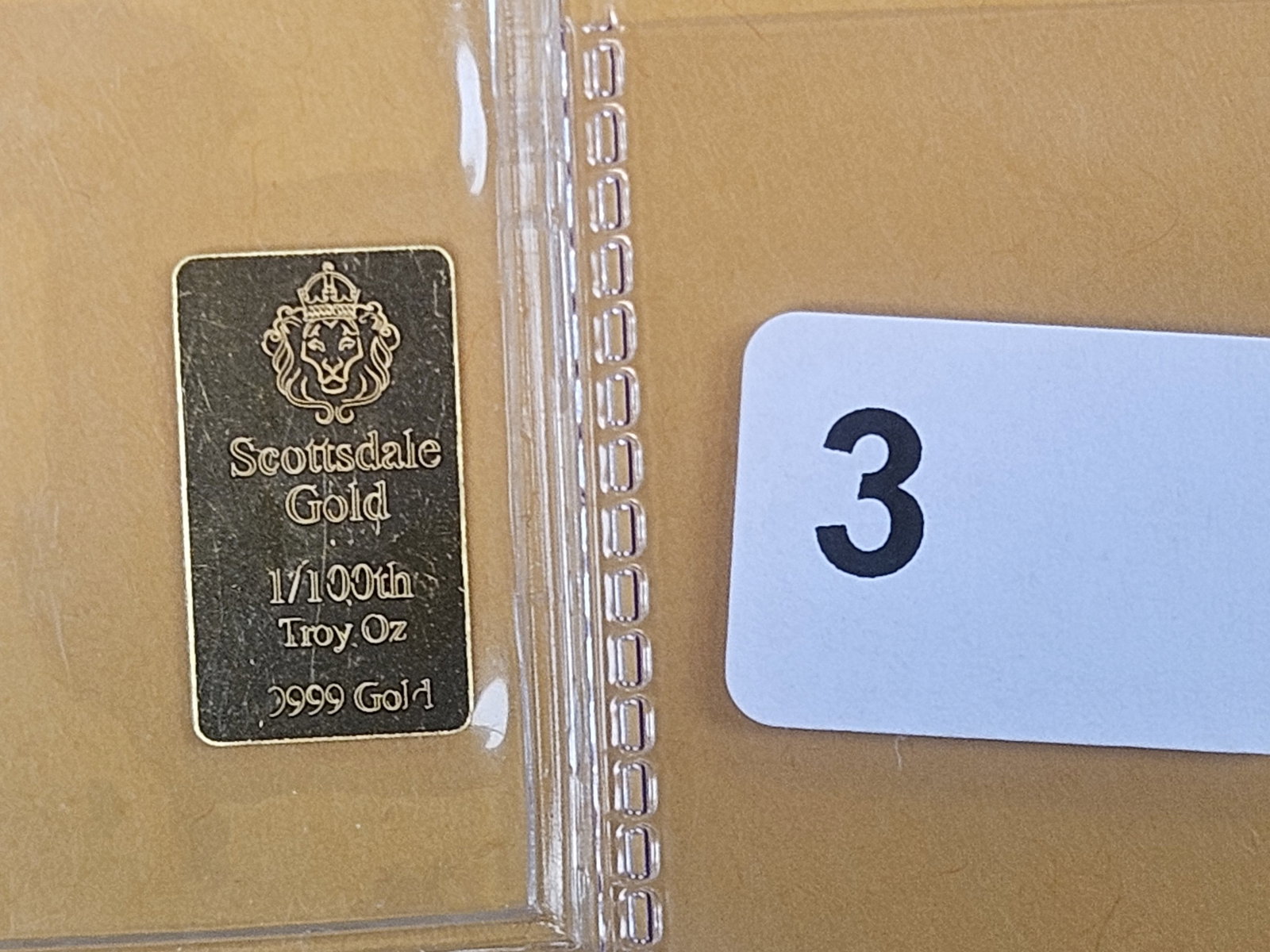 GOLD! Scottsdale Mint .9999 fine Gold Bar: Weighs 1/100th troy ounce