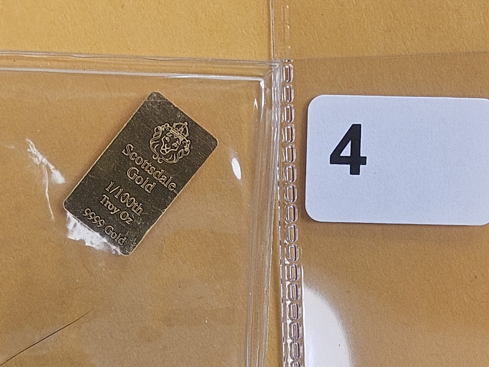 GOLD! Scottsdale Mint .9999 fine Gold Bar: Weighs 1/100th troy ounce