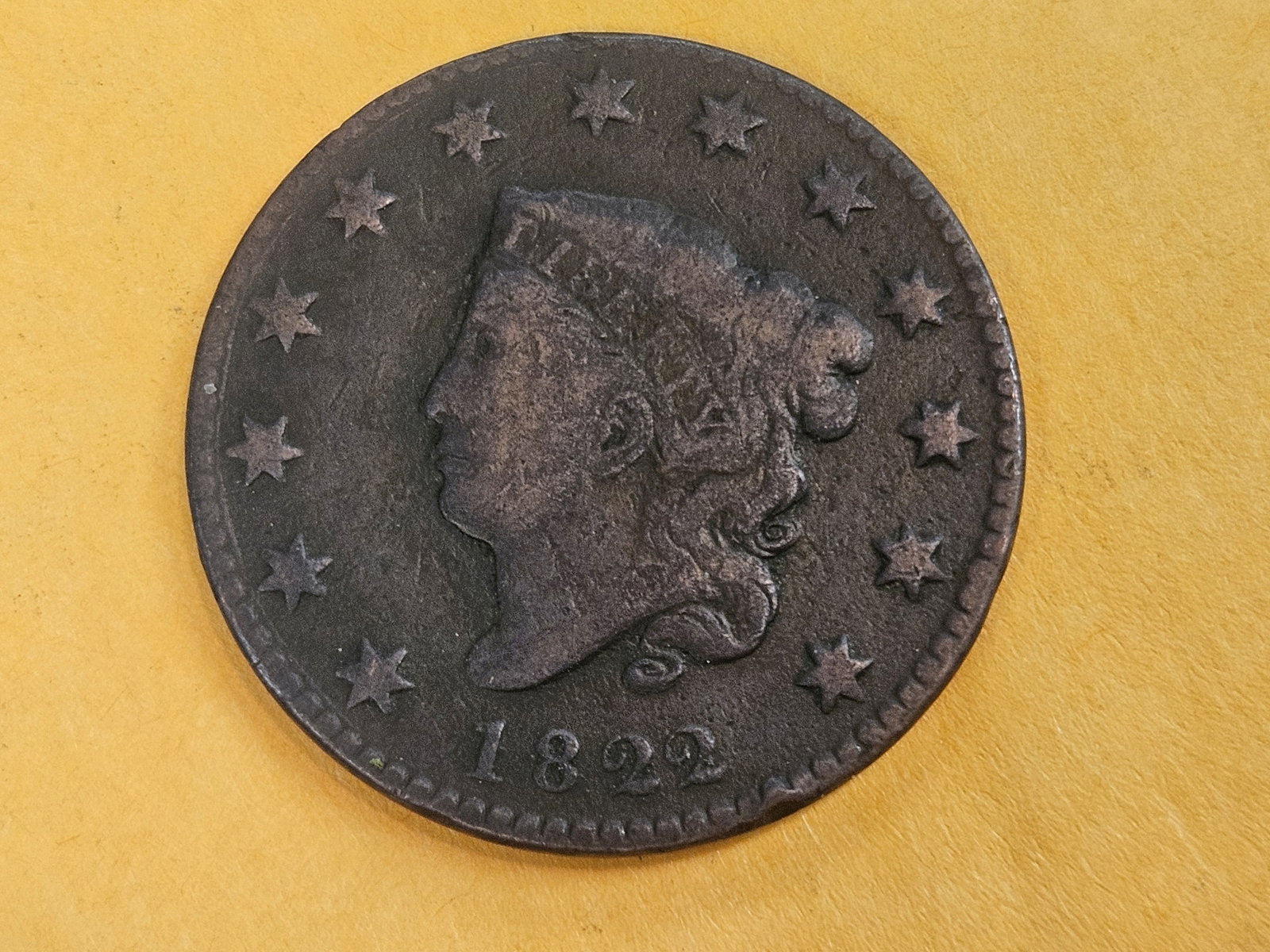 1822 Coronet Head Large Cent in Very Good: Nice older date