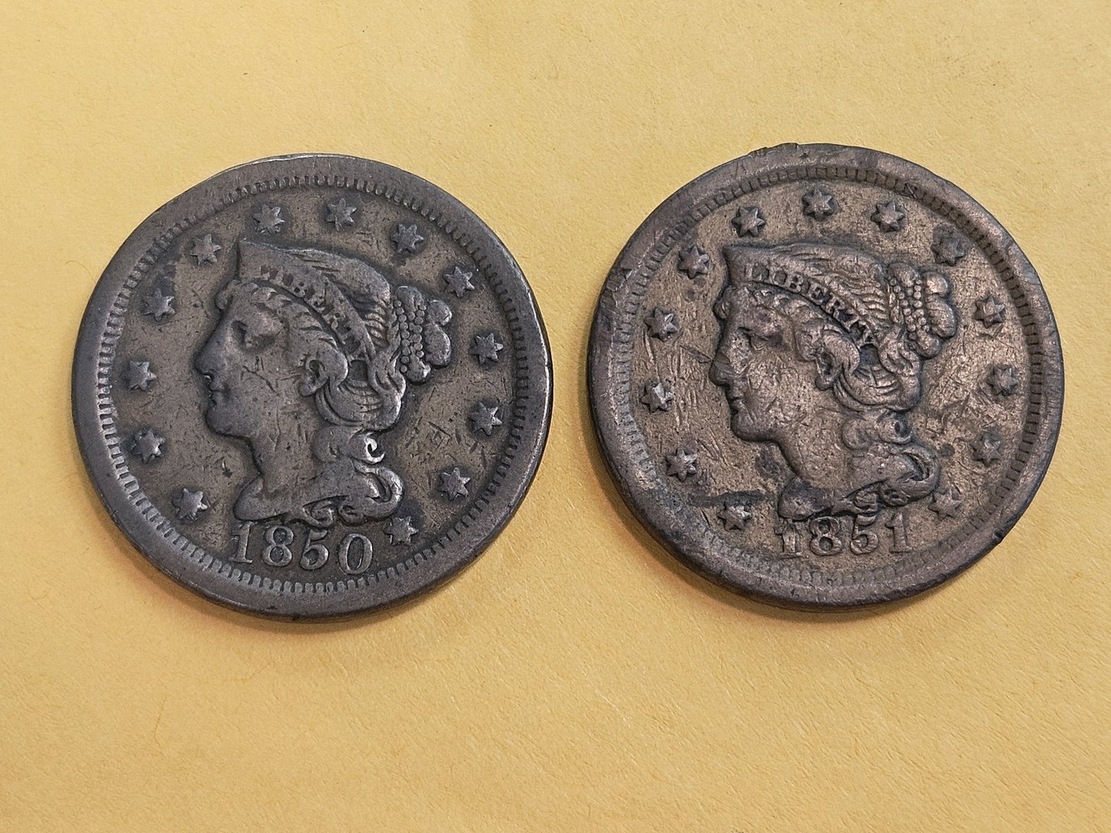 1850 and 1851 Braided Hair Large cents: Both in Very Fine