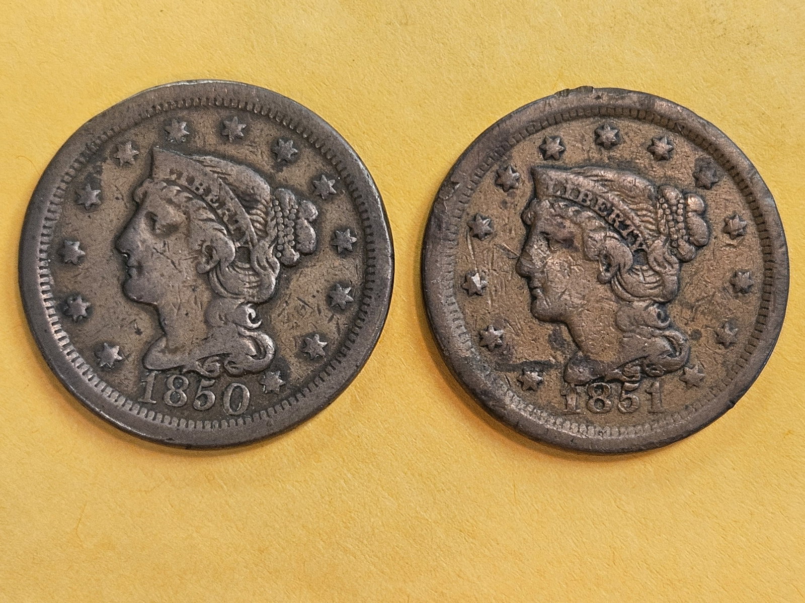 1850 and 1851 Braided Hair Large cents - 3
