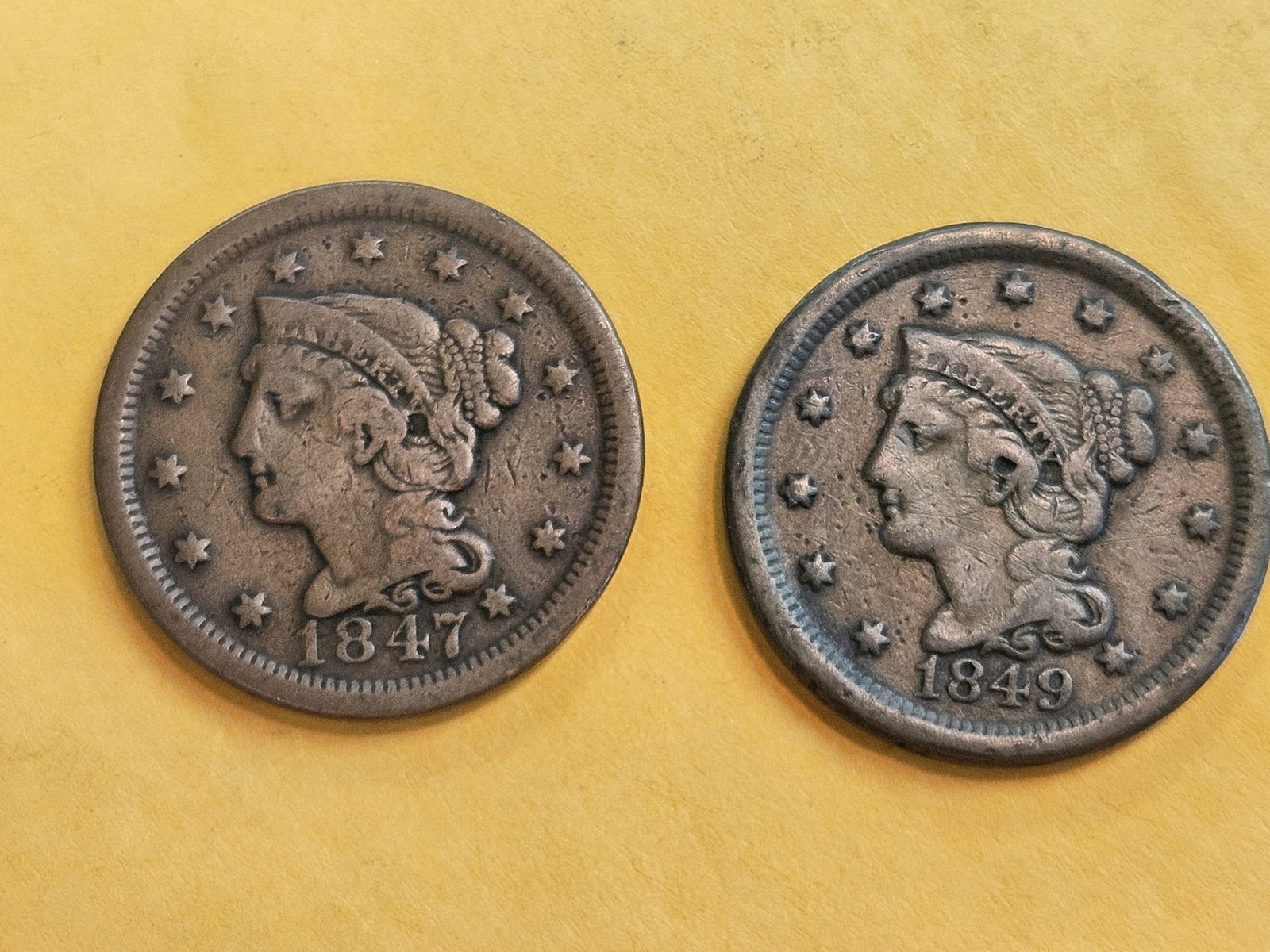 1847 and 1849 Braided Hair Large Cent: Both in Fine