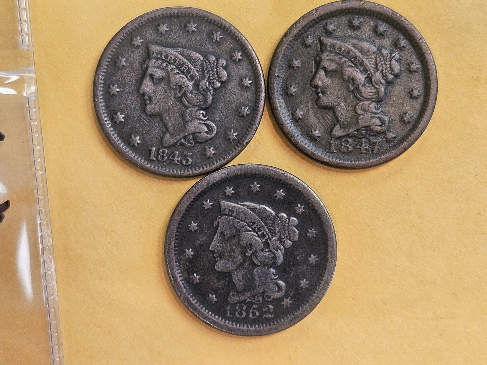 1843, 1847 and 1852 Braided Hair Large Cents: All in Very Fine - details