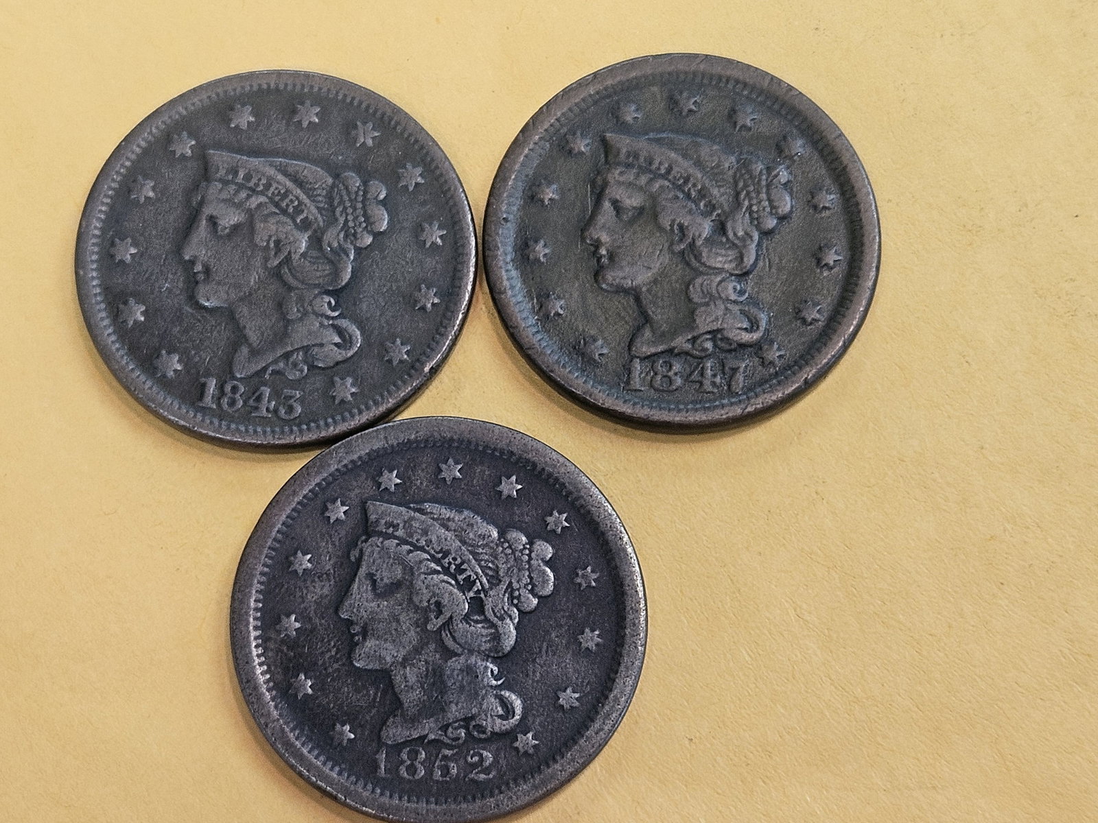 1843, 1847 and 1852 Braided Hair Large Cents - 3