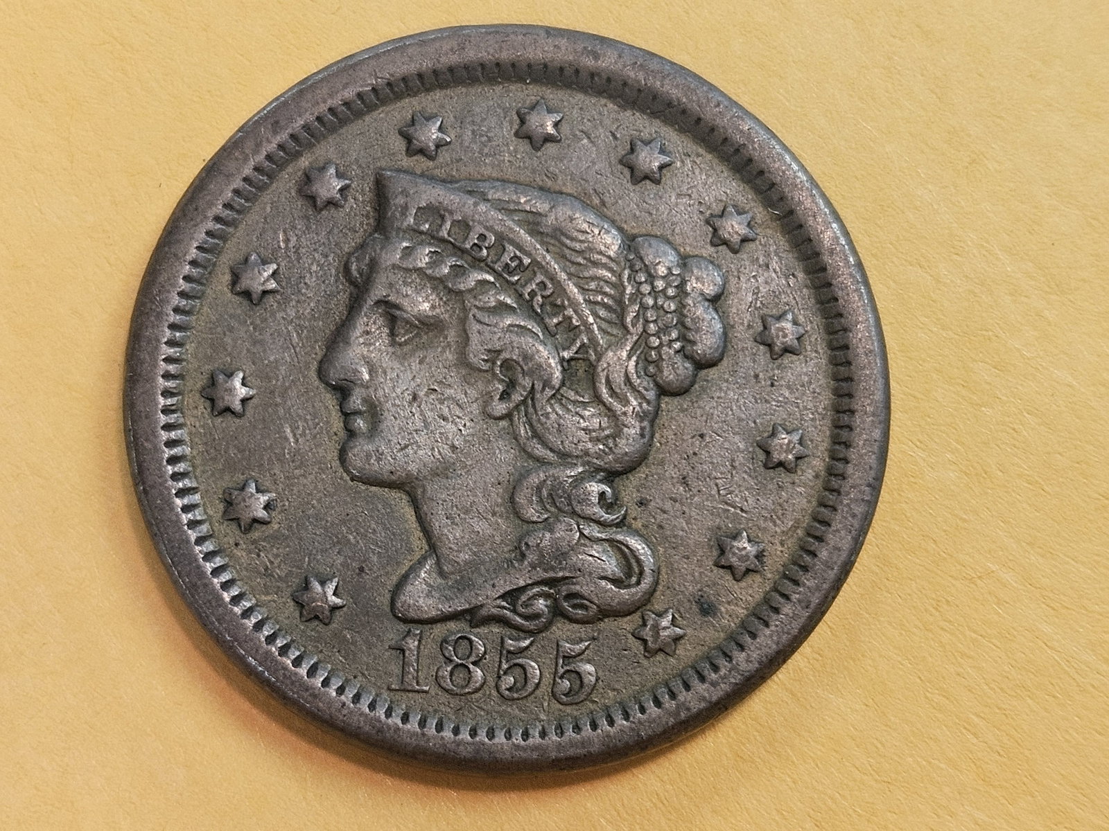 1855 Braided Hair Large Cent in Very Fine - 30: Straight 5's version