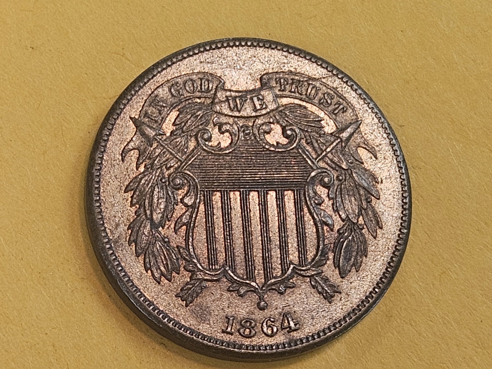 Nice 1864 Two Cent piece in About Uncirculated - 58: Bright, mostly-red, luster!
