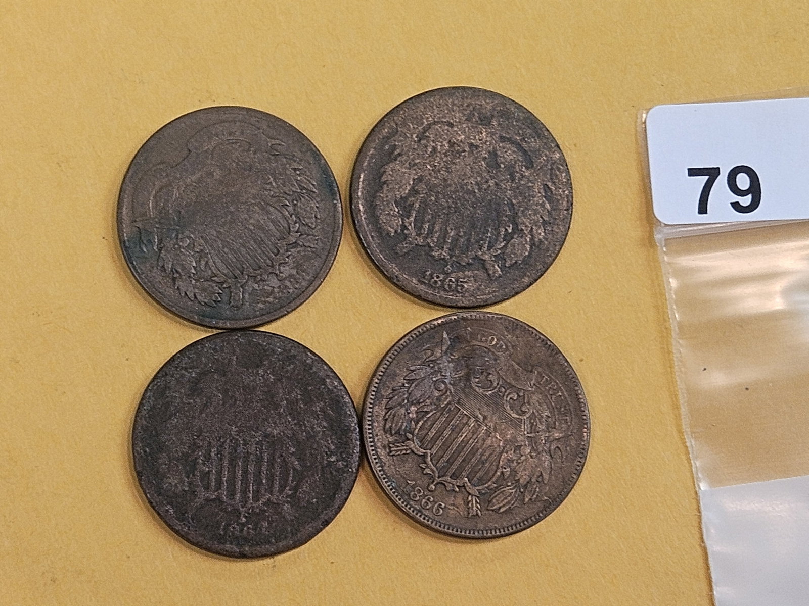 Four 2-Cent pieces: Circulated