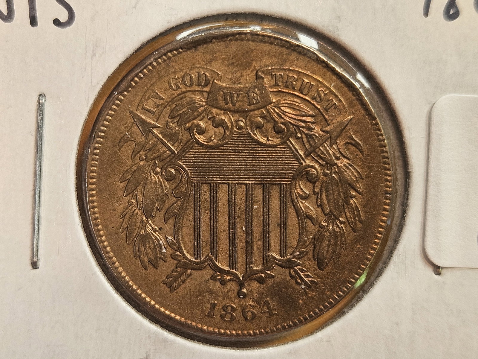 Variety! 1864/1864 Two Cent piece in RED AU-UNC condition: Choice AU to Uncirculated! Red! 1864 over 1864. Repunched Date