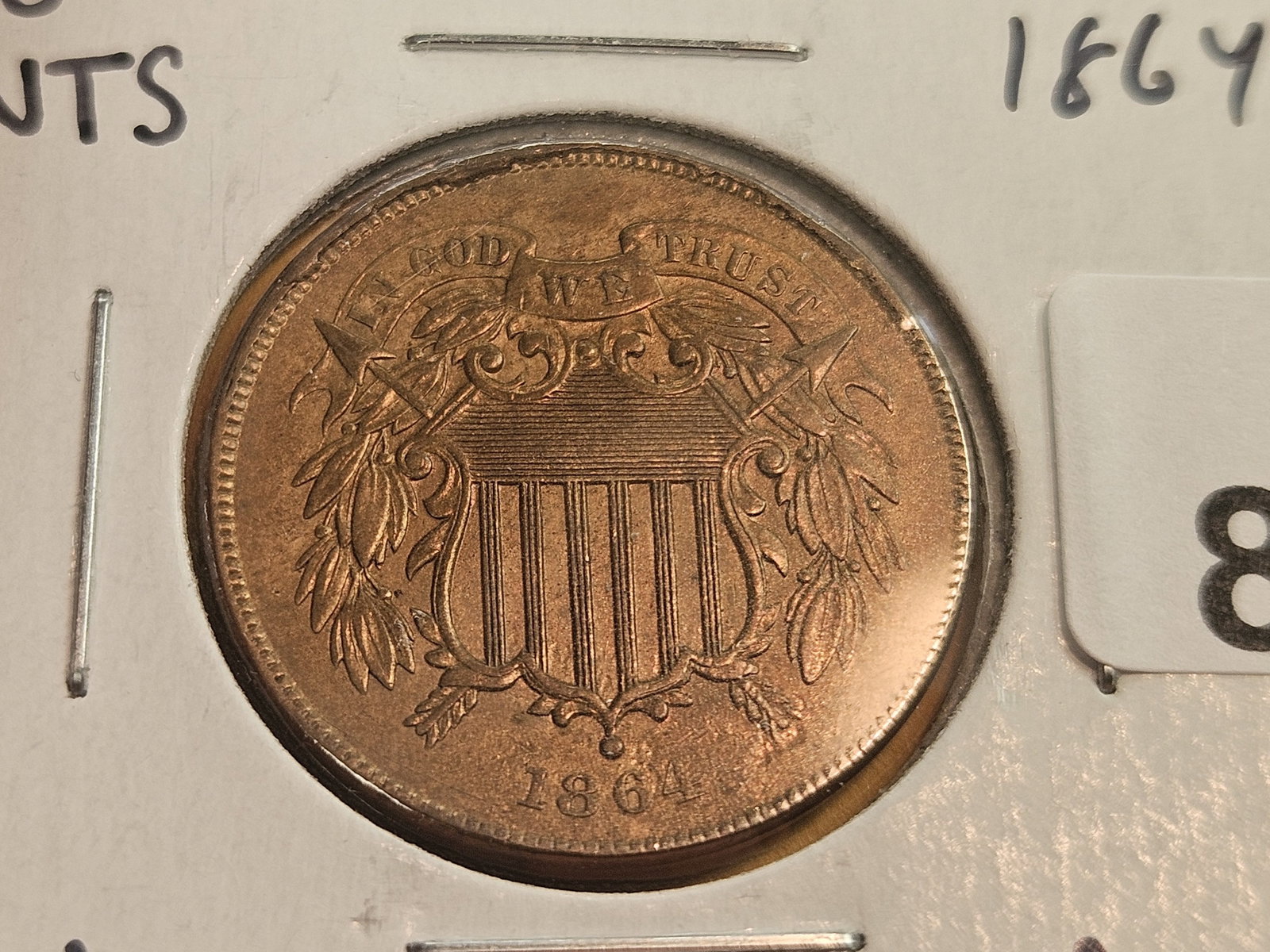 Variety! 1864/1864 Two Cent piece in RED AU-UNC condition - 3