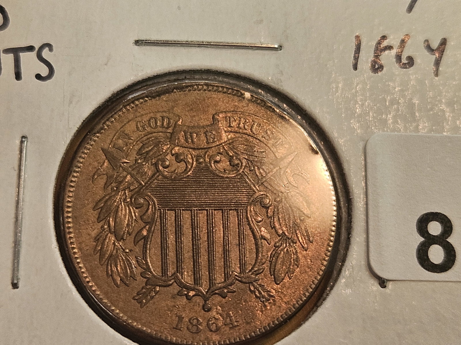 Variety! 1864/1864 Two Cent piece in RED AU-UNC condition - 4