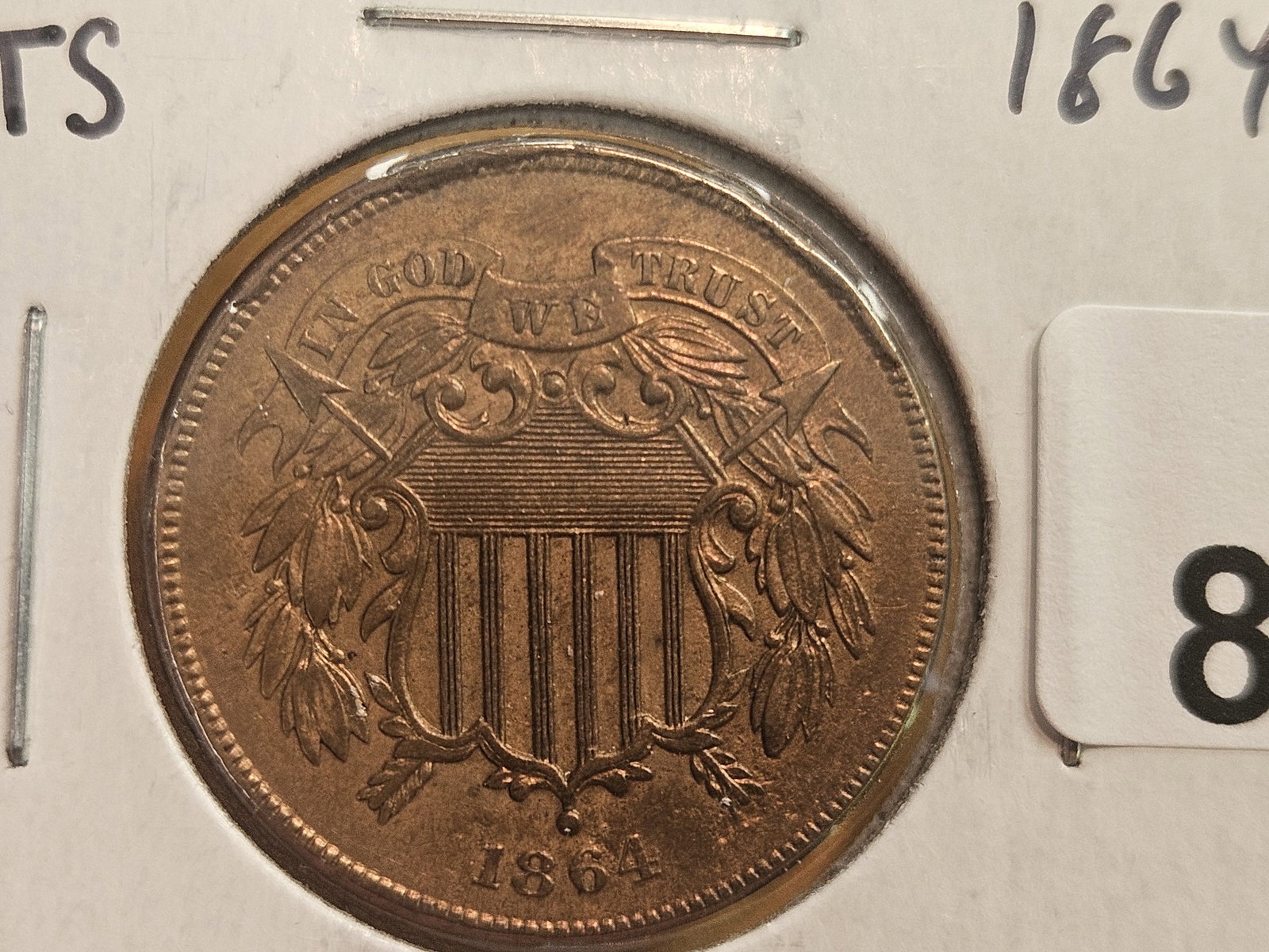 Variety! 1864/1864 Two Cent piece in RED AU-UNC condition - 5