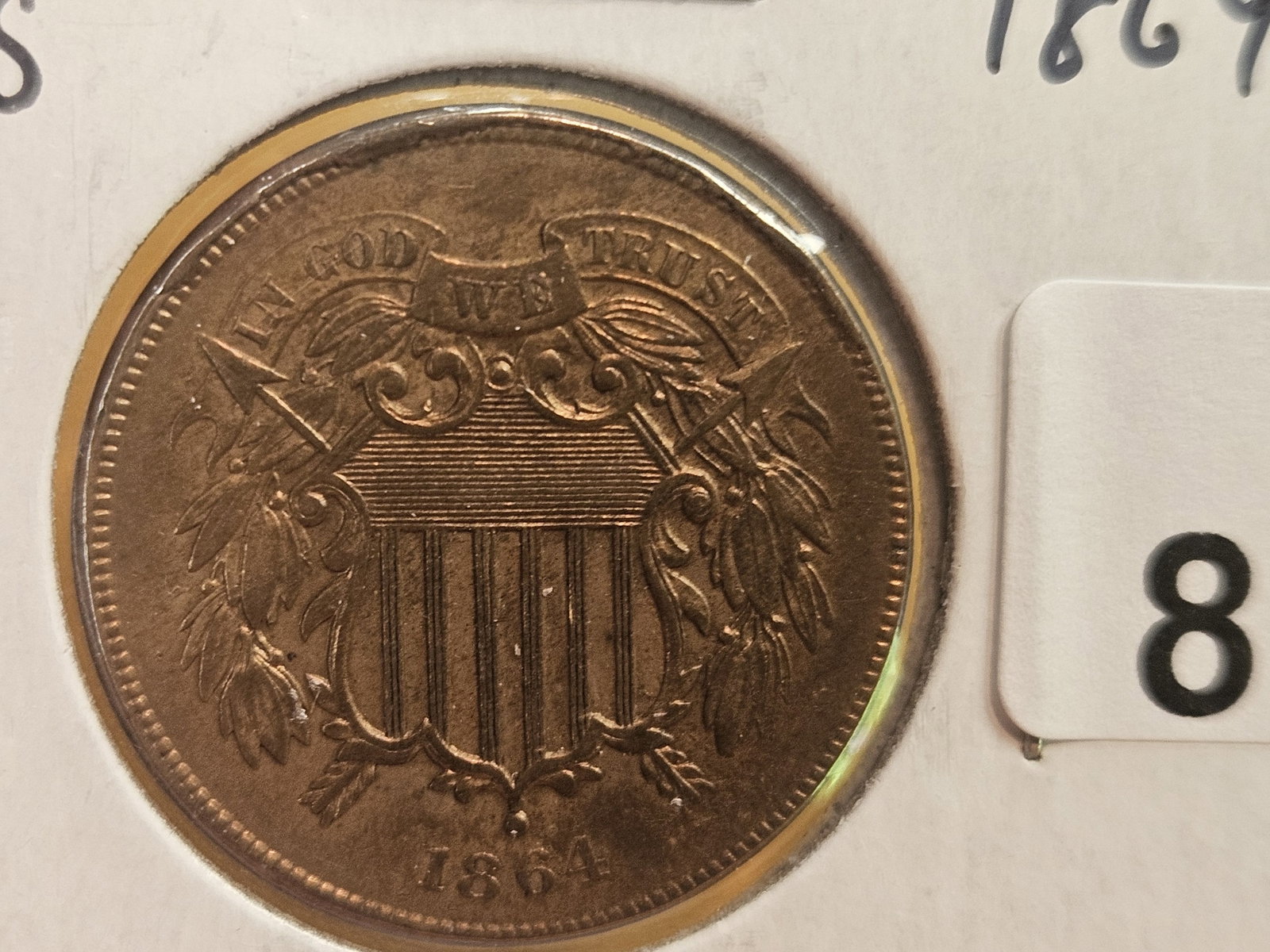 Variety! 1864/1864 Two Cent piece in RED AU-UNC condition - 6