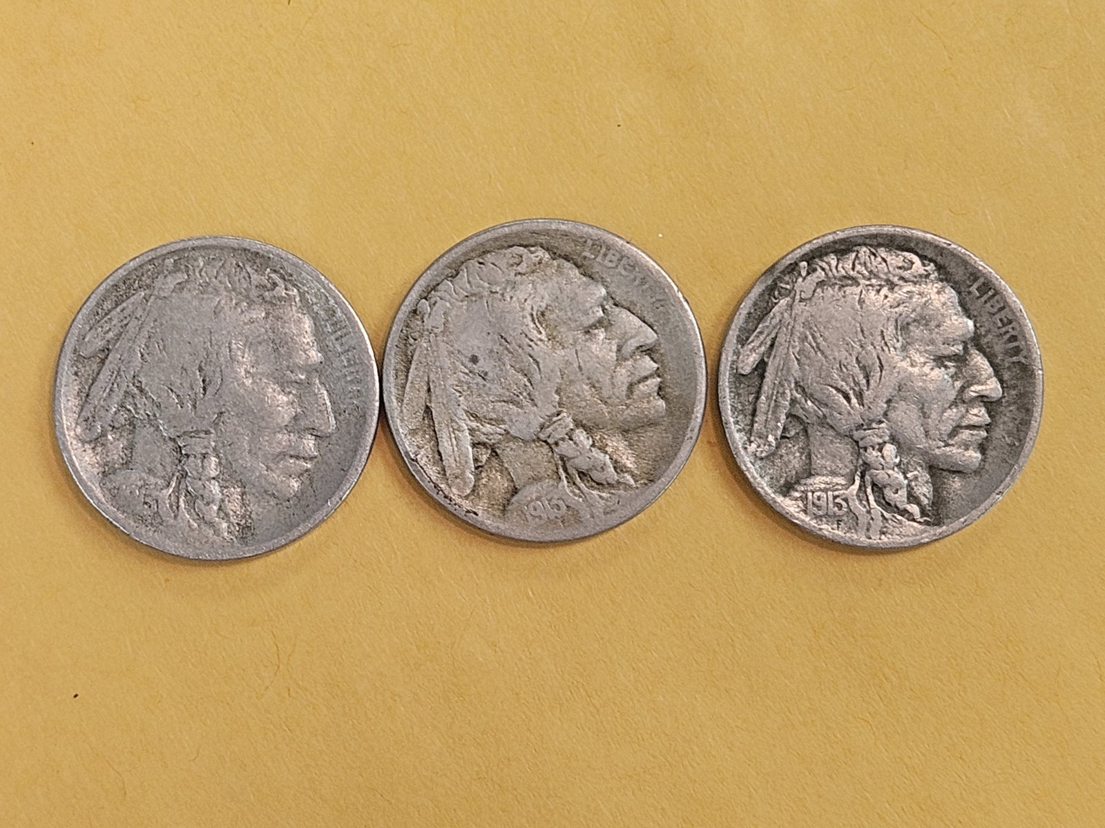 Three 1913 Buffalo Nickels in Very Good to Fine: P-D-S versions