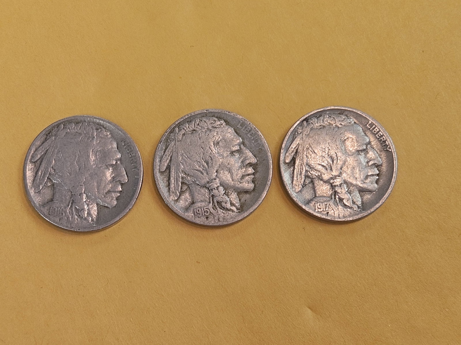 Three early date Buffalo Nickels in Fine: 1915, 1916 and 1917