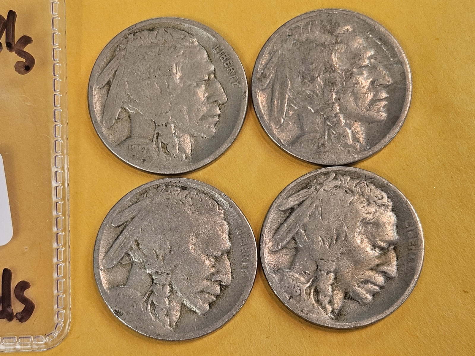 Four early and better date Buffalo Nickels in Good: 1916-S, 17-S, 18-S and 21-S