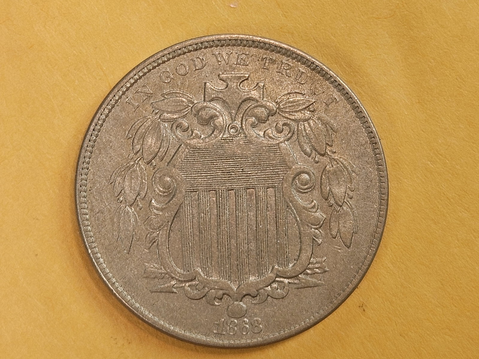 VARIETY! 1868 DDO Shield Nickel in About Uncirculated PLUS PLUS!: Doubled Die Obverse. Reverse of 1868. VP-020. Fletcher F-108. Spindel S2-1001.