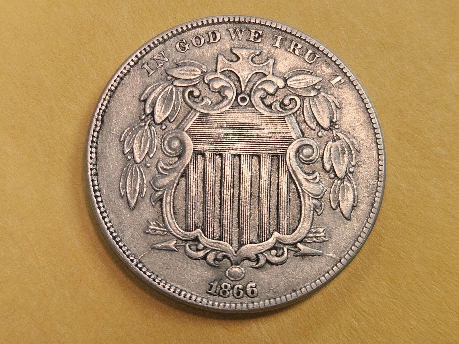VARIETY! 1866 Shield Nickel with Rays in Extra Fine plus: Repunched Date